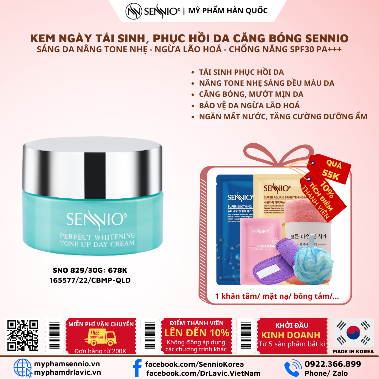 Kem dưỡng ẩm tái tạo phục hồi da căng bóng ban ngày SENNIO Perfect Whitening Day Cream 30G - SNO 829