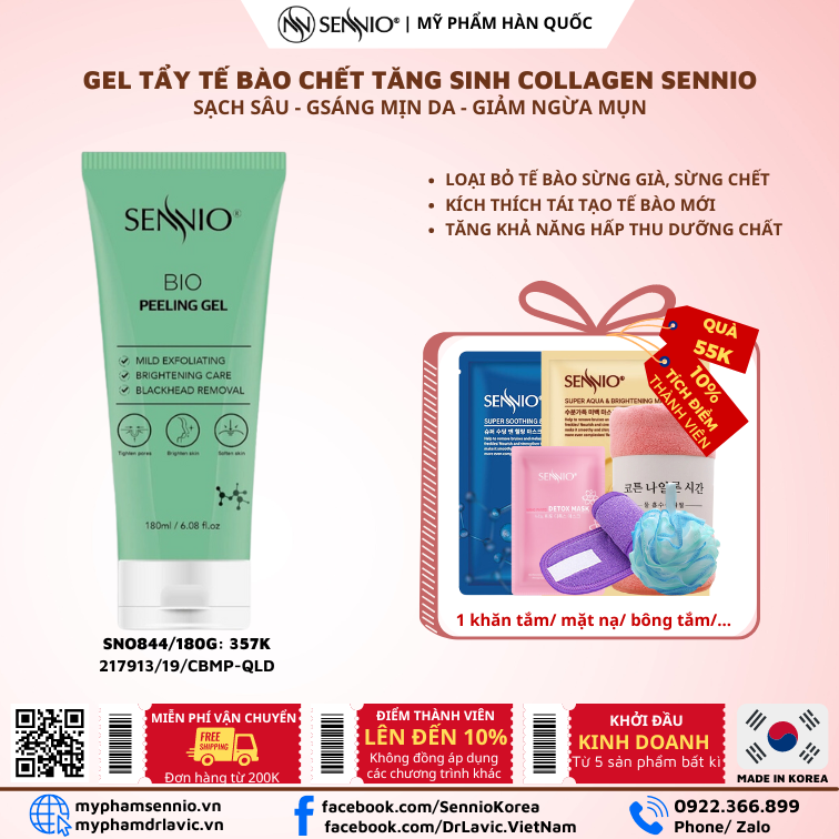 Gel tẩy tế bào chết mặt bổ sung Premium Collagen Peeling làm sạch sâu, phù hợp cho da dầu mụn 180ml  Sennio SNO 844