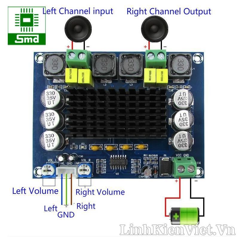 sơ đồ đấu nối Module khuếch đại âm thanh ClassD 2x120W (Không chiết áp) 