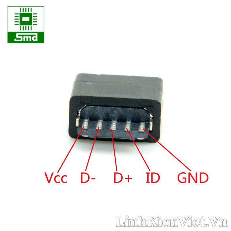 Chân micro USB cái 5P loại hàn dây( có vỏ nhựa) – Linh kiện điện tử SMD