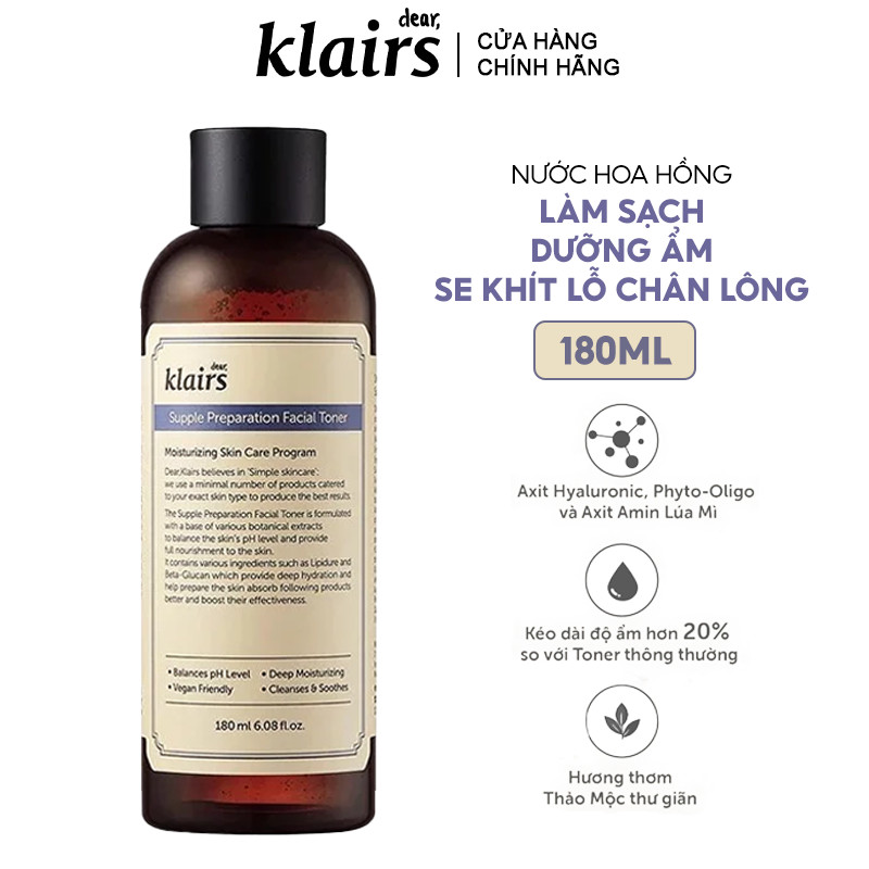 Nước Hoa Hồng Làm Sạch, Dưỡng Ẩm, Se Khít Lỗ Chân Lông Klairs Supple Preparation Facial Toner 180ml