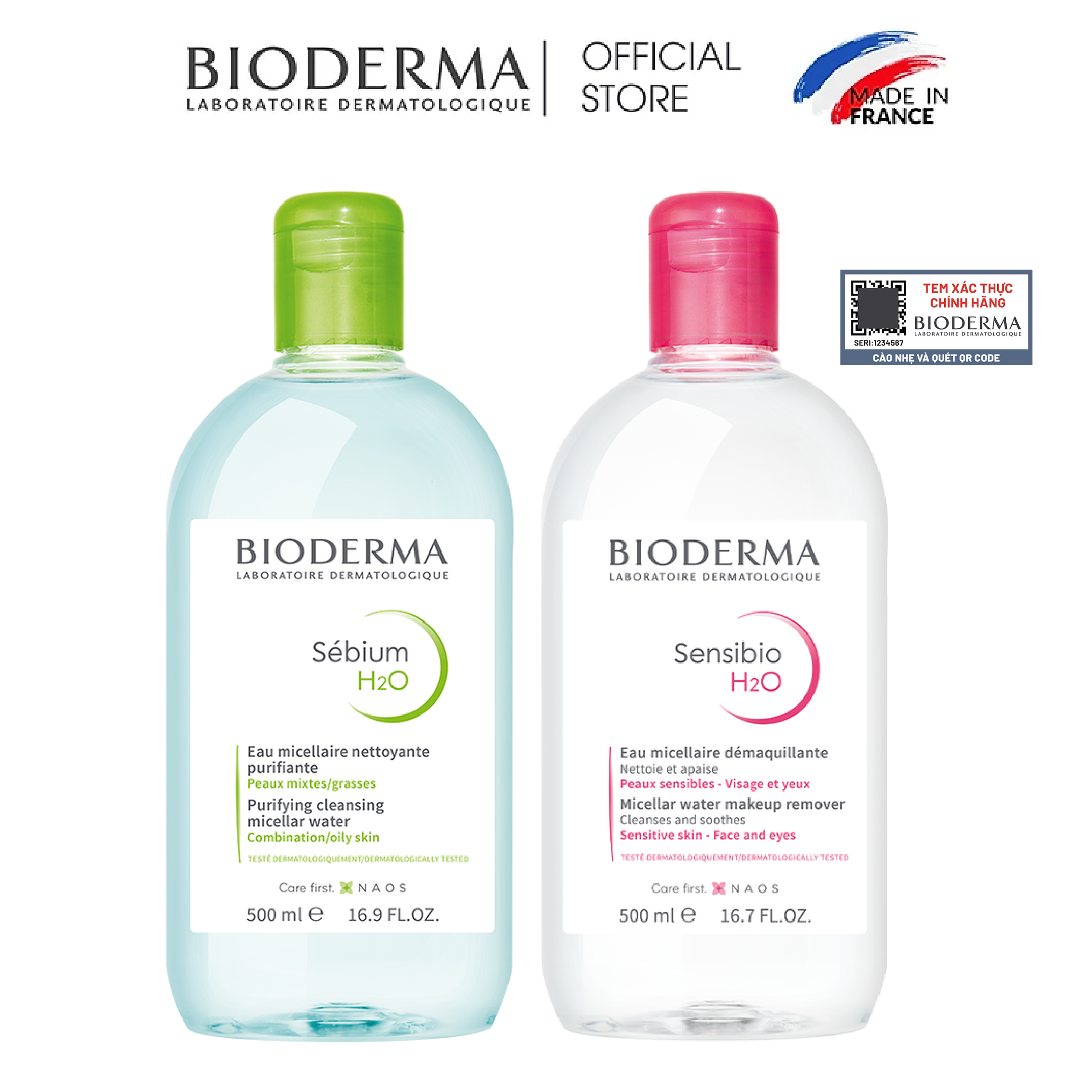 (Hàng công ty) Nước Tẩy Trang Công Nghệ Micella Bioderma Sensibio H2O & Sébium H2O 500ml