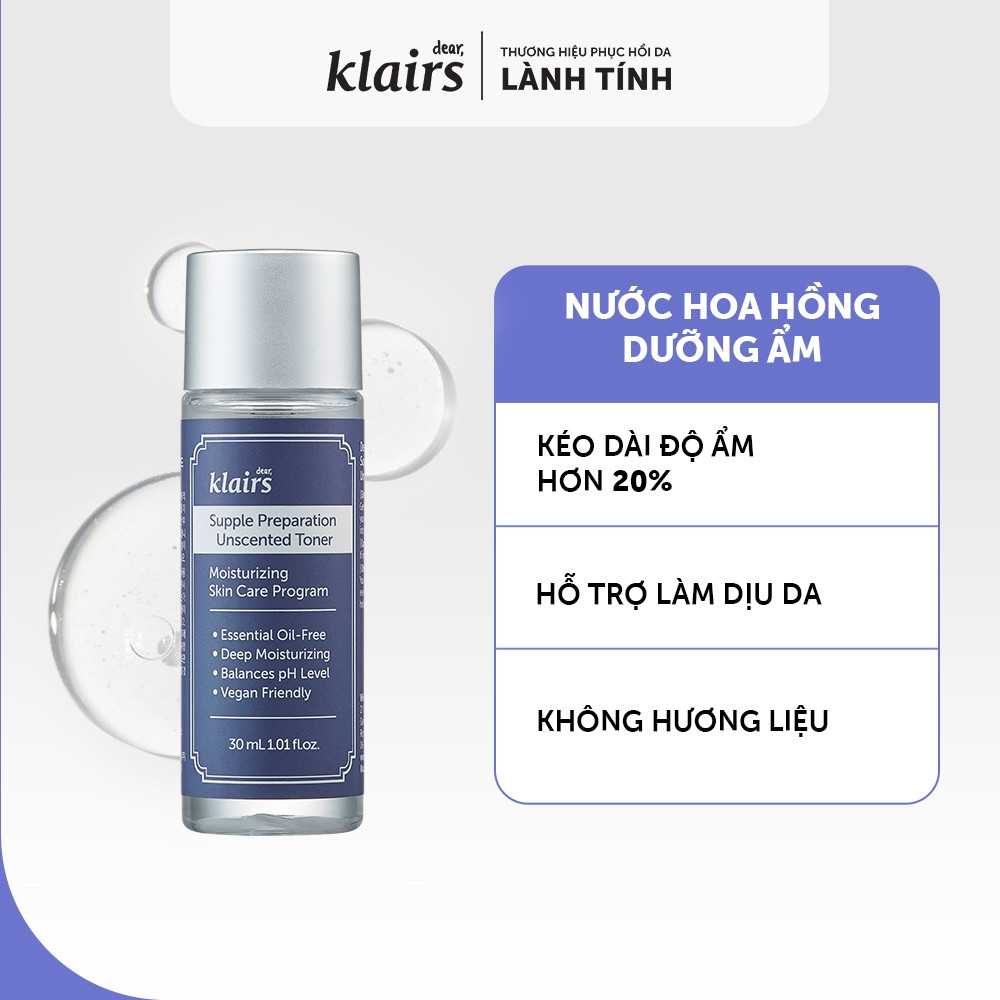 Nước Hoa Hồng Không Mùi Klairs Supple Preparation Unscented Toner Minisize 30ml