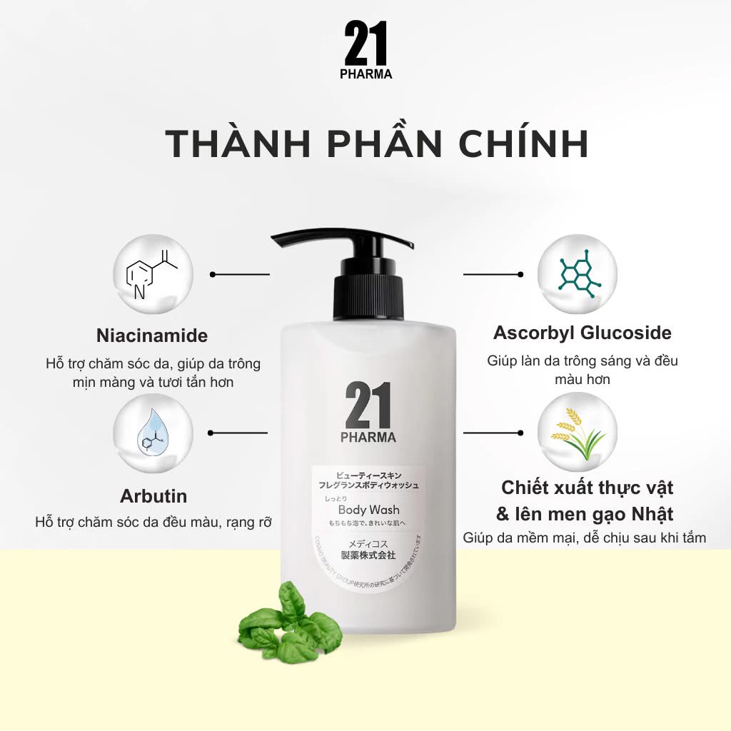 Sữa Tắm 21 Pharma Body Wash Dưỡng Sáng Da Nhật Bản 500ml | Làm Sạch, Dưỡng Ẩm, Mềm Mịn