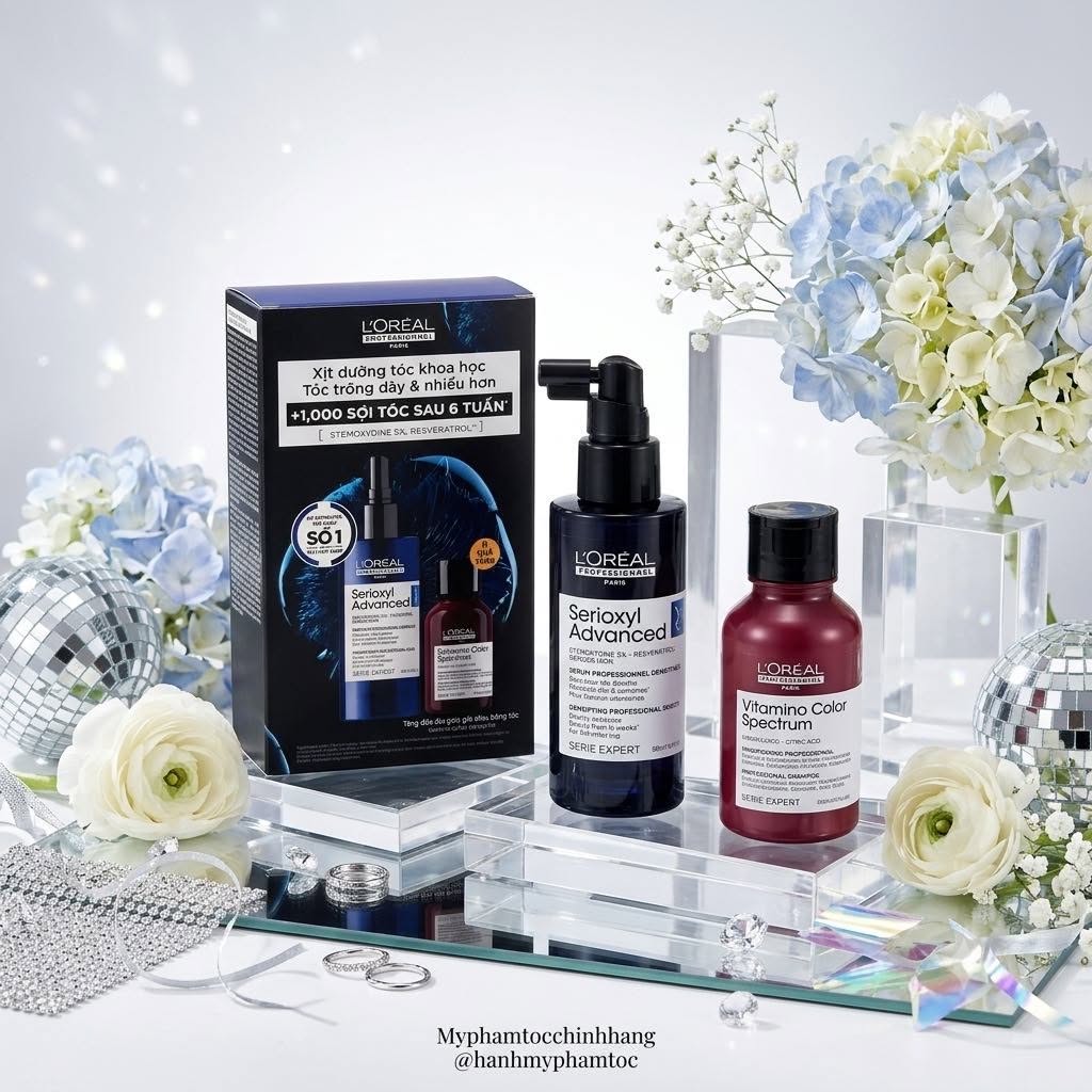 Combo Xịt Kích Mọc & Dày Tóc L'Oréal Professionnel Serioxyl Advanced 90ml + Dầu Gội Mini Vitamino Color Spectrum 100ml