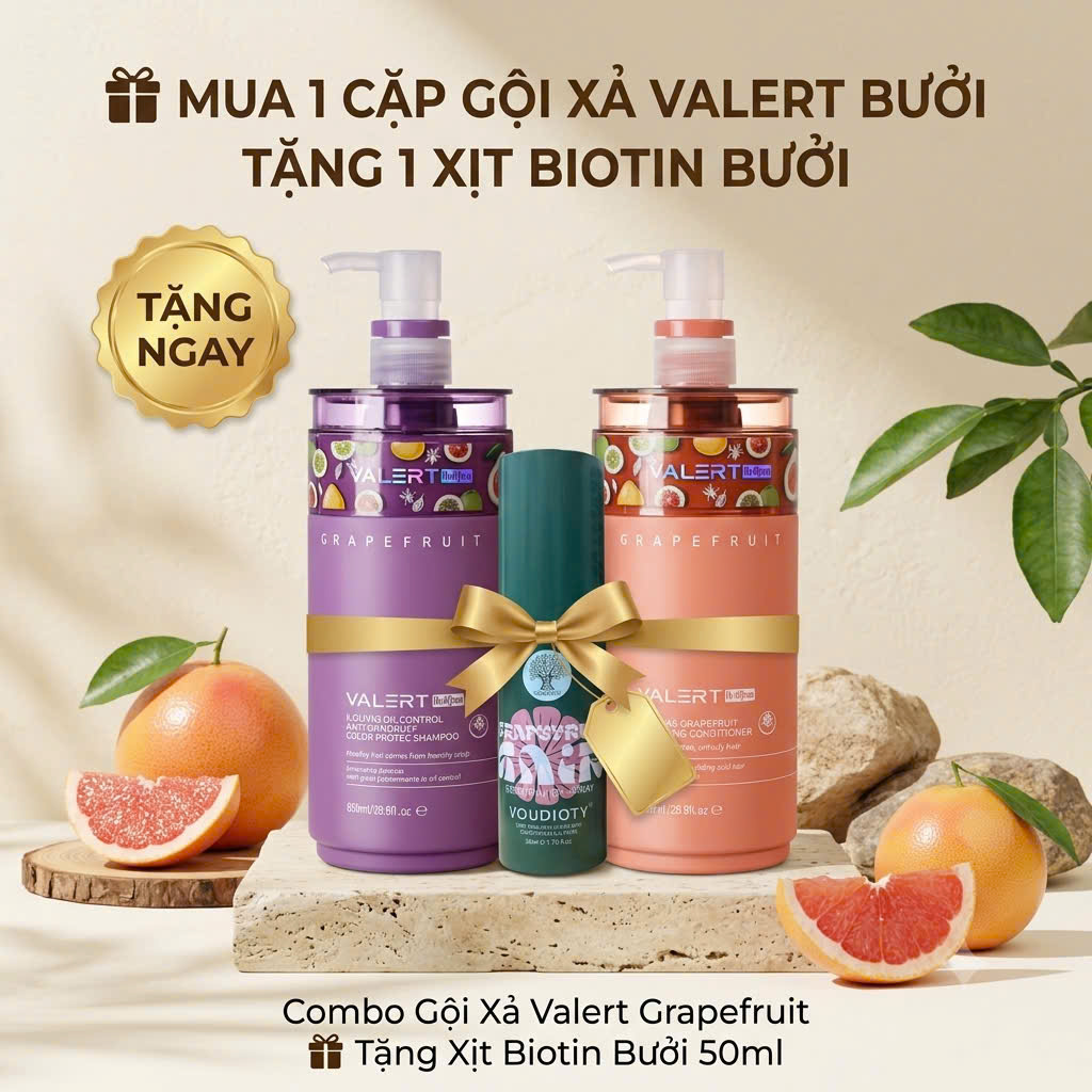 Cặp Gội Xả Bưởi Valert Grapefruit Mẫu Mới 2025 850ml
