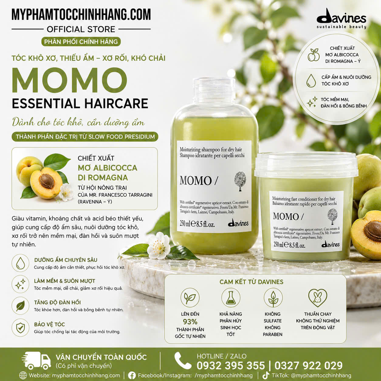 Dầu gội xả Davines MOMO cung cấp độ ẩm cho tóc khô, thiếu ẩm 250ml