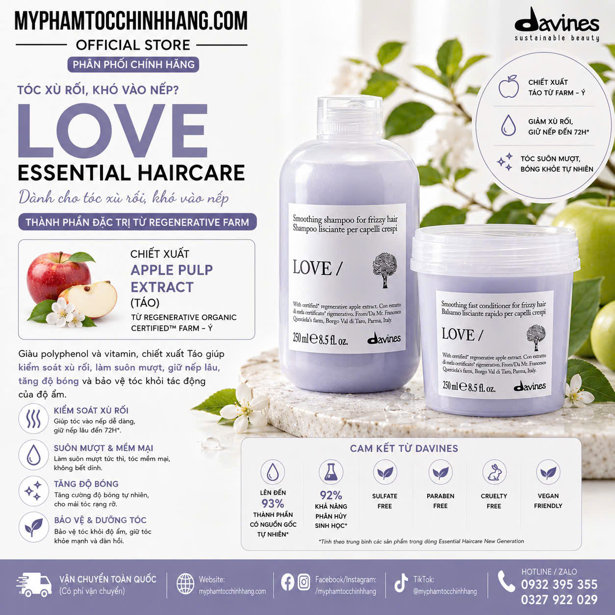 Dầu gội – dầu xả- Ủ làm suôn mượt tóc Davines Essential Haircare LOVE Smoothing