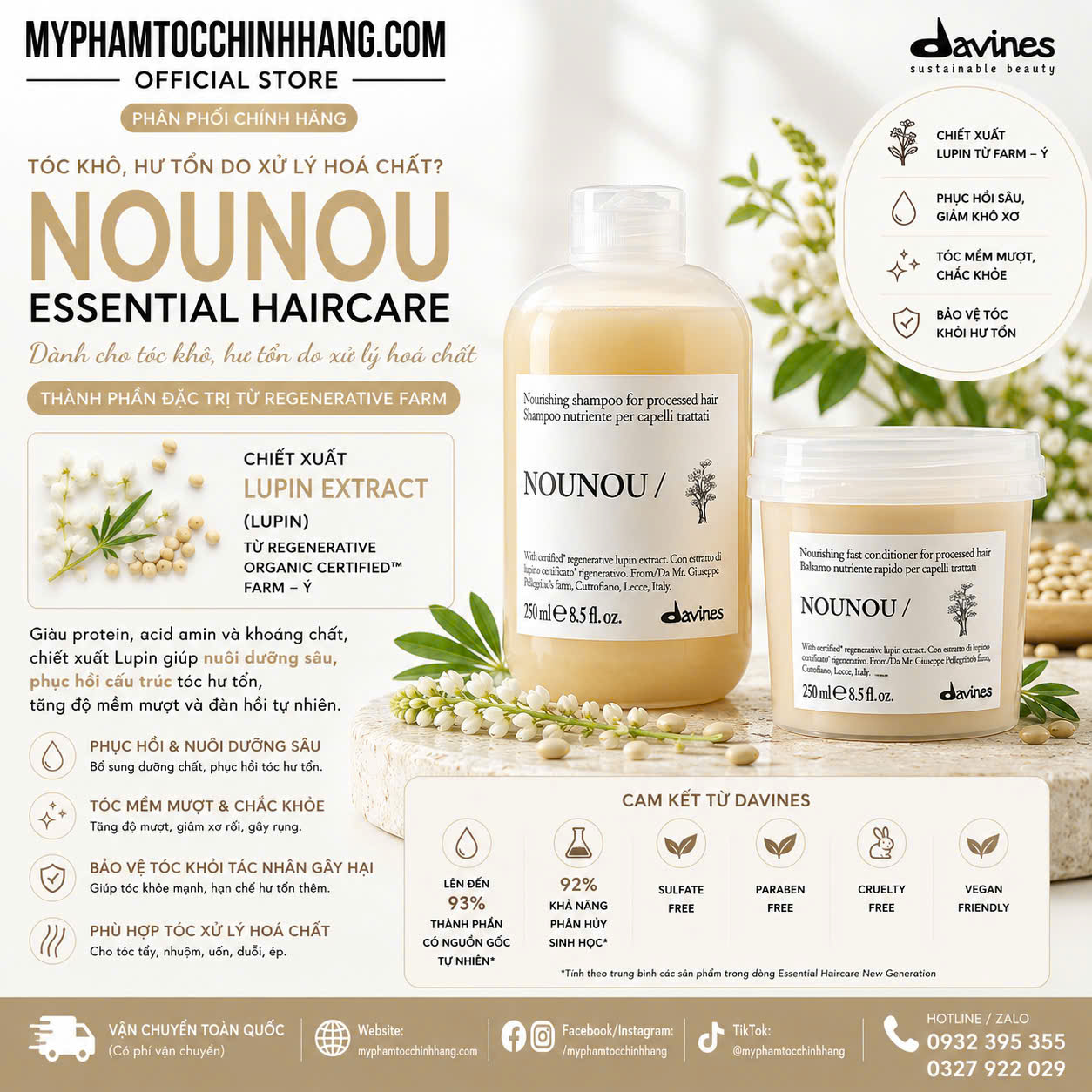 Bộ sản phẩm DAVINES NOUNOU gồm dầu gội, dầu xả và hấp – được thiết kế đặc biệt cho tóc nhuộm, tẩy, tóc khô yếu cần phục hồi sâu