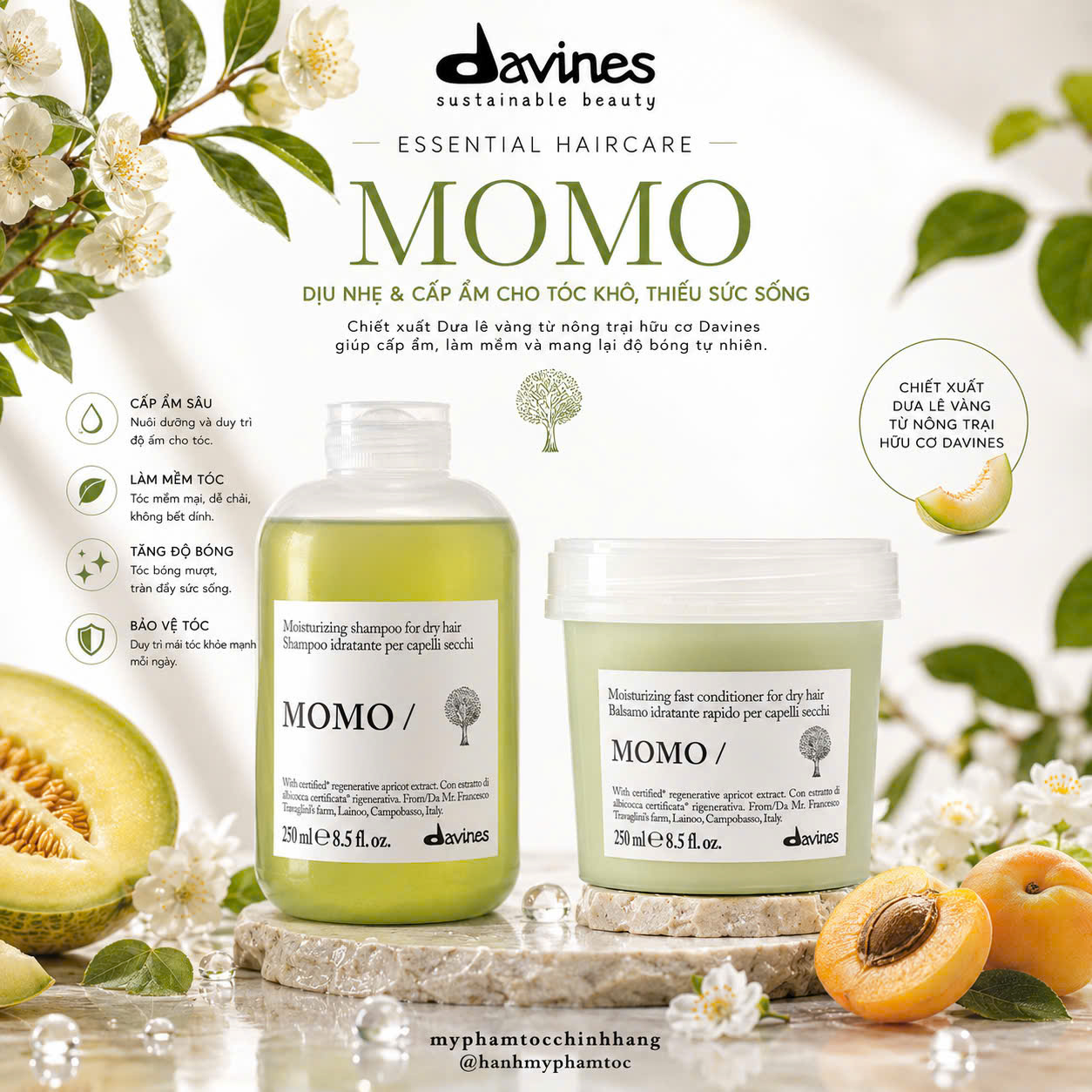Dầu gội xả Davines MOMO cung cấp độ ẩm cho tóc khô, thiếu ẩm 250ml