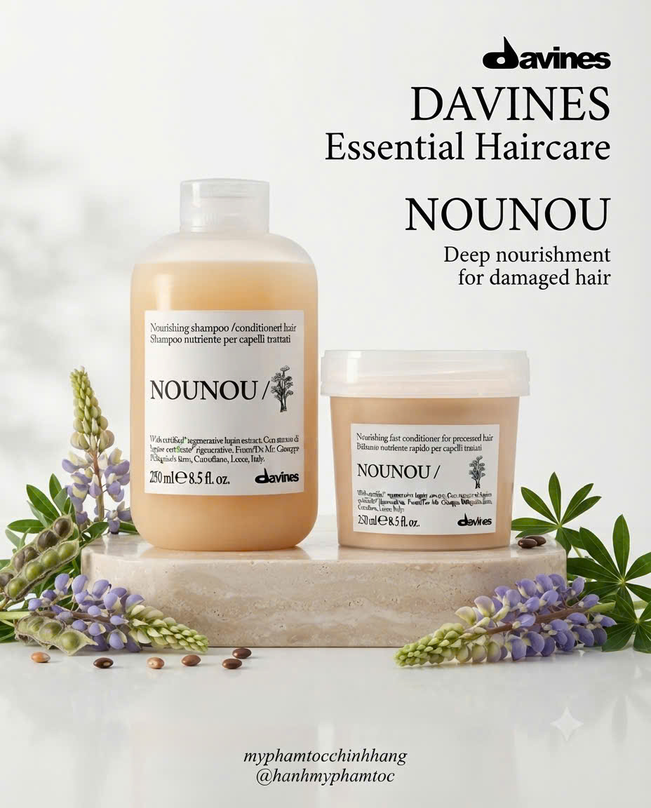 Bộ sản phẩm DAVINES NOUNOU gồm dầu gội, dầu xả và hấp – được thiết kế đặc biệt cho tóc nhuộm, tẩy, tóc khô yếu cần phục hồi sâu