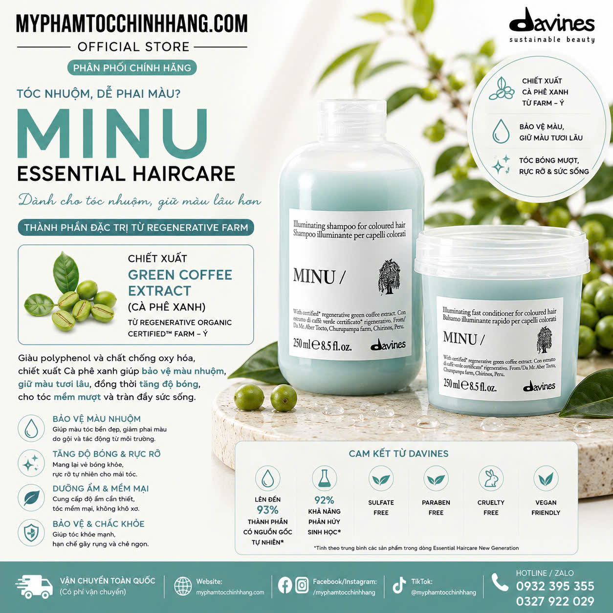 Bộ sản phẩm DAVINES MINU gồm dầu gội, dầu xả và hấp – chuyên dùng cho tóc nhuộm