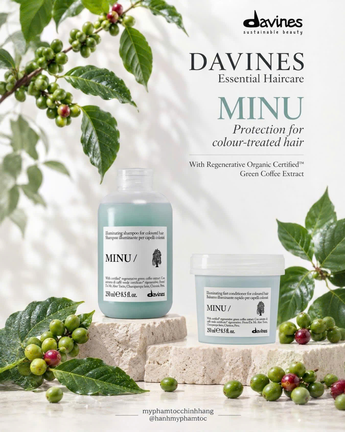 Bộ sản phẩm DAVINES MINU gồm dầu gội, dầu xả và hấp – chuyên dùng cho tóc nhuộm