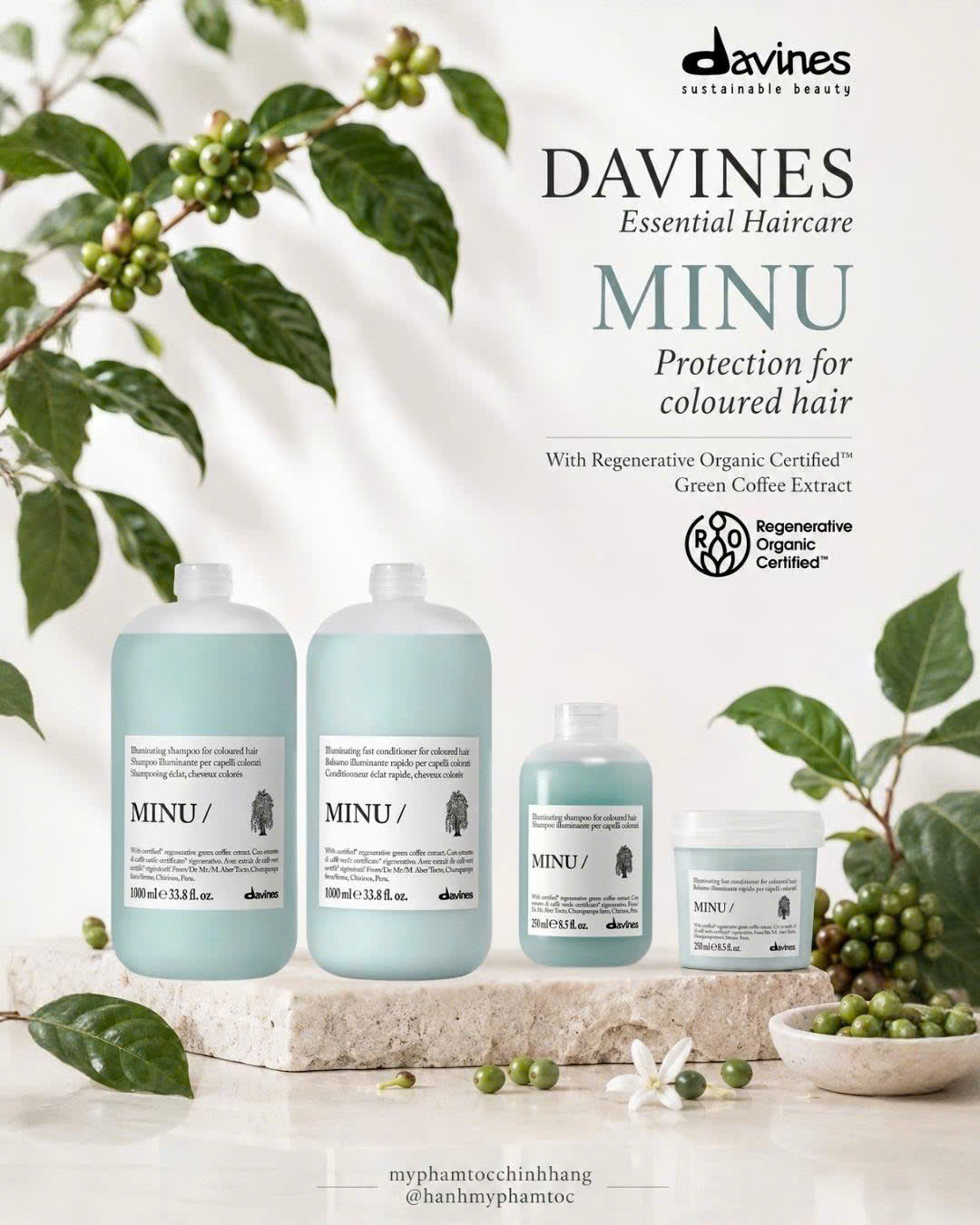 Bộ sản phẩm DAVINES MINU gồm dầu gội, dầu xả và hấp – chuyên dùng cho tóc nhuộm