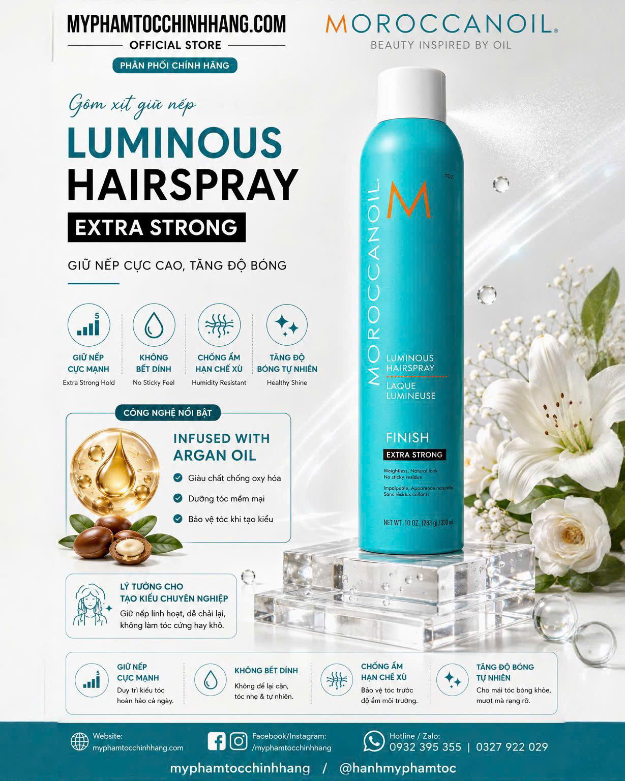 Gôm Xịt Giữ Nếp Moroccanoil Luminous Hairspray 330ml (cứng - Strong Hold hoặc siêu cứng Extra Strong Hold)