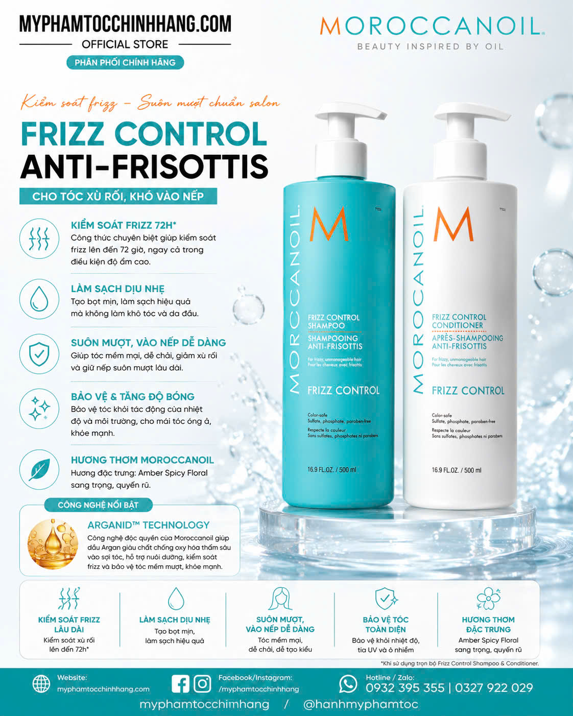 Dầu Gội, Dầu Xả Moroccanoil Suôn Mượt Kiểm Soát Xù Frizz Control Shampoo, Conditioner