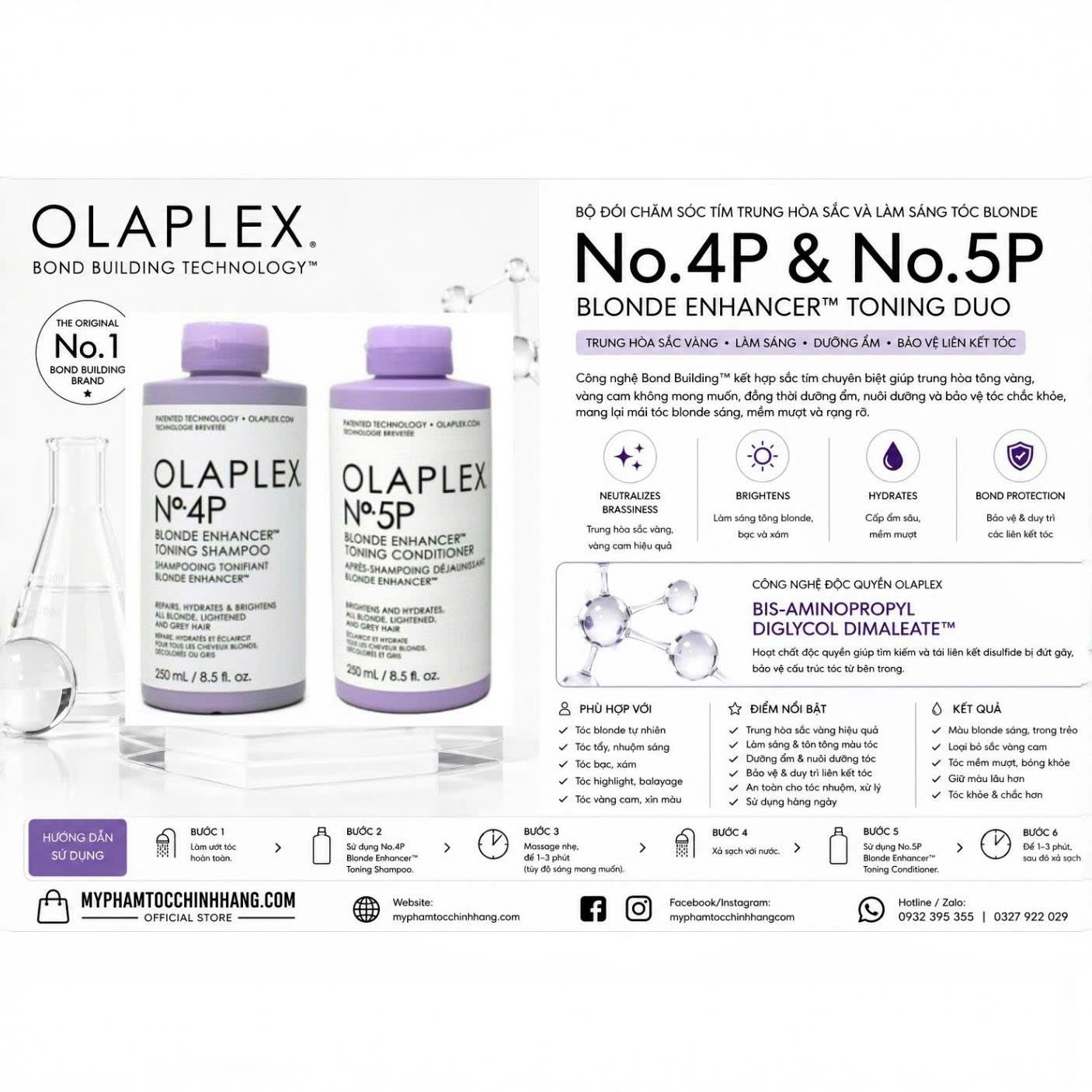 Bộ đôi chăm sóc tóc tím chuyên dụng cho tóc tẩy, tóc sáng màu OLAPLEX No.4P và OLAPLEX No.5P