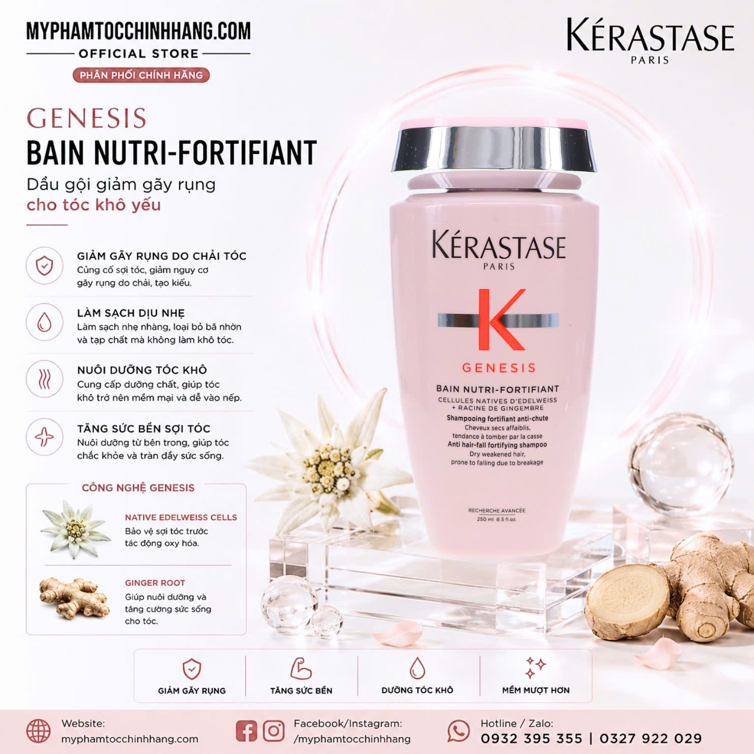 Dầu gội và dầu xả Kérastase Genesis phục hồi sợi tóc yếu, giảm đứt gãy thân tóc
