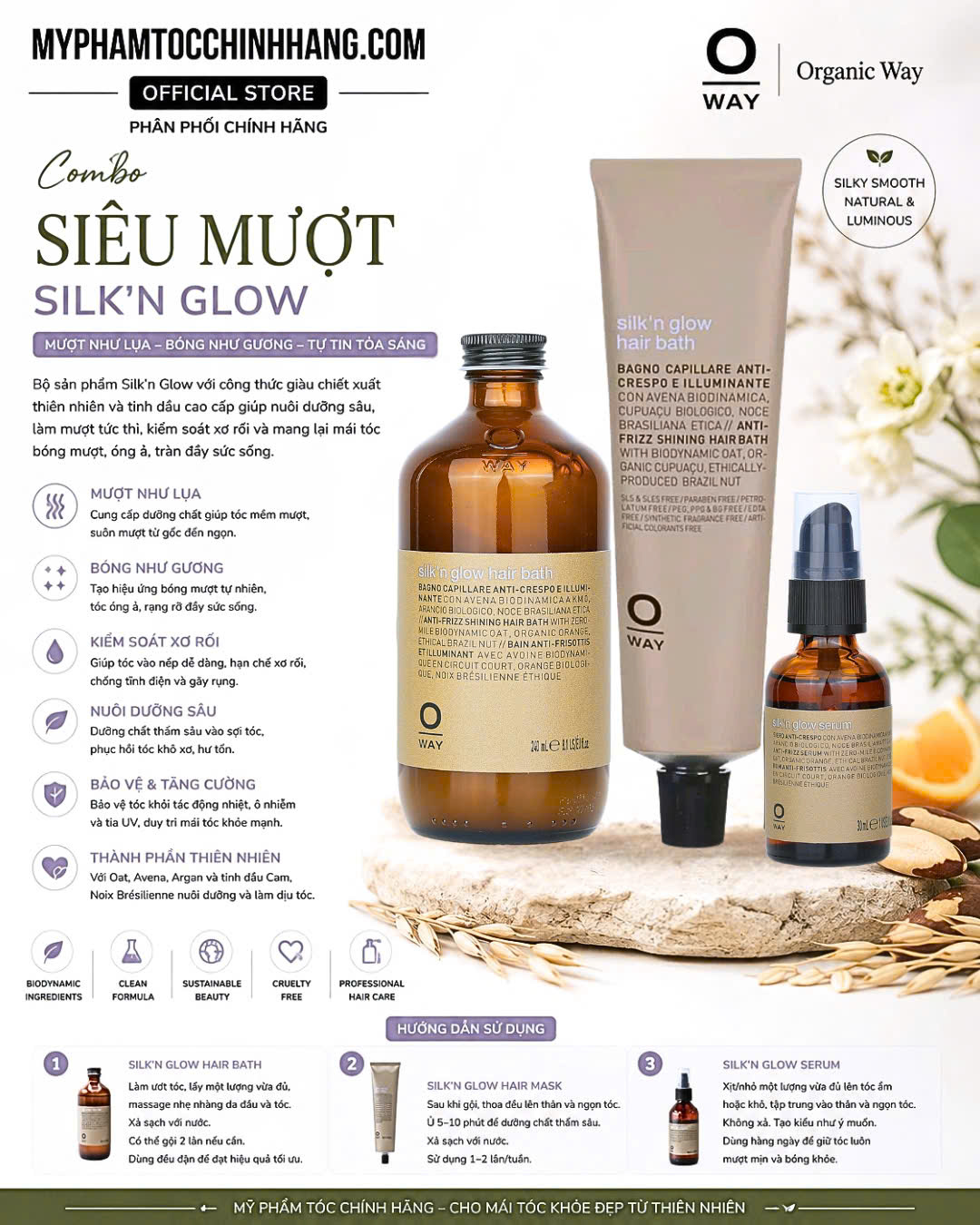 Dầu Gội, dầu hấp, dầu dưỡng tóc Siêu Mượt OWAY Silk’n Glow Hair Bath 30ml/ 100ml/ 240ml/ 500ml