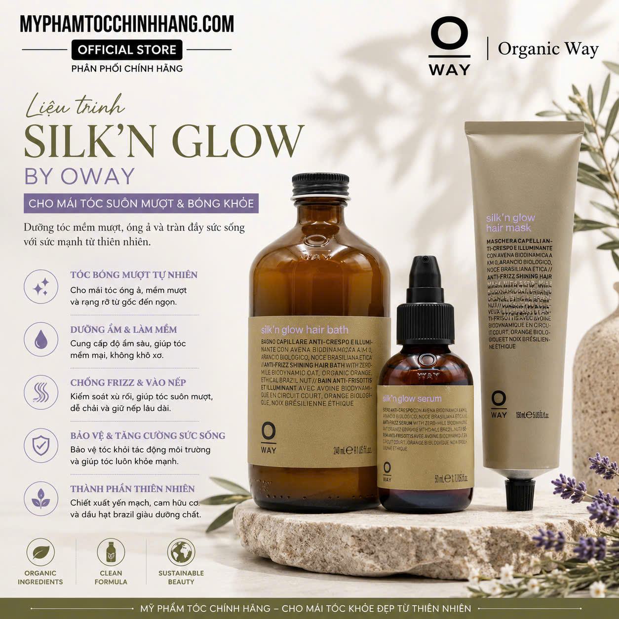 Dầu Gội, dầu hấp, dầu dưỡng tóc Siêu Mượt OWAY Silk’n Glow Hair Bath 30ml/ 100ml/ 240ml/ 500ml