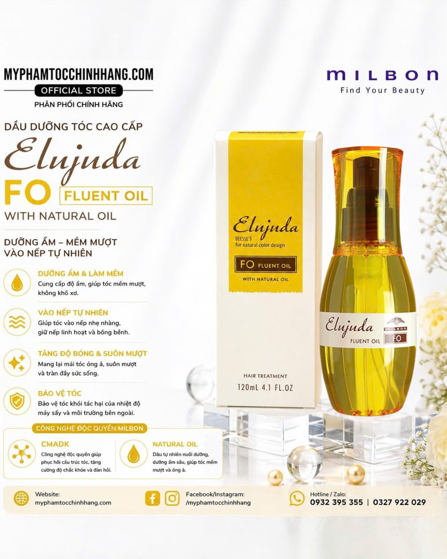 Tinh dầu dưỡng phục hồi tóc Milbon Elujuda Argan Oil (Milbon Elujuda MO / FO Hair Treatment Oil) 120ml