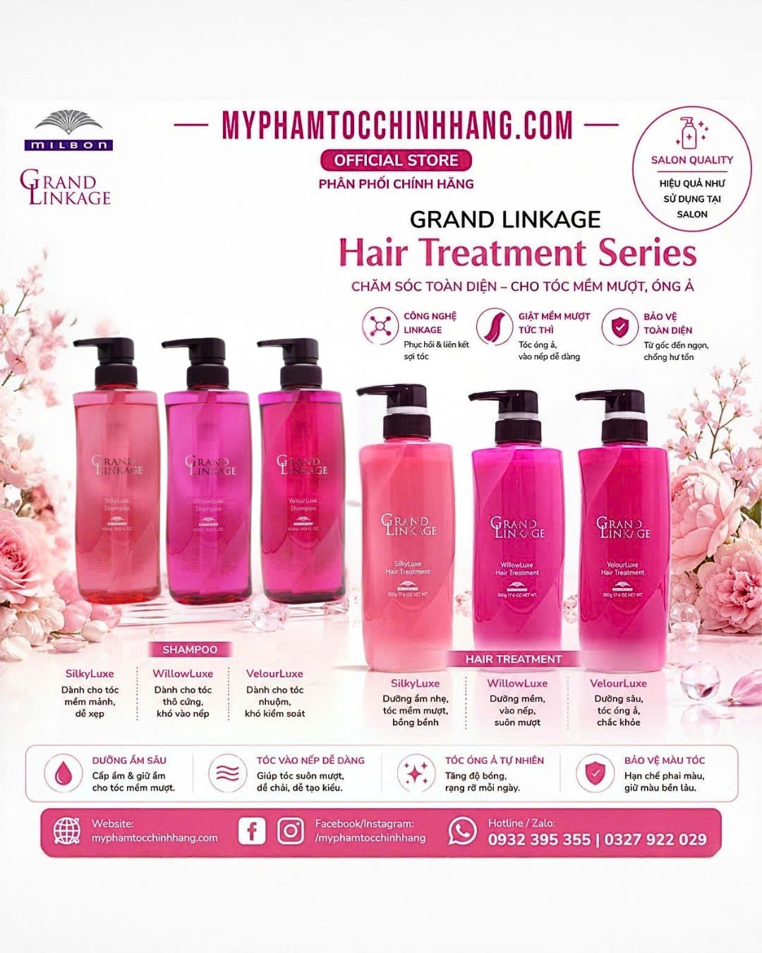 Dầu gội Milbon giữ màu mượt tóc Grand linkage S, W, V 500ml