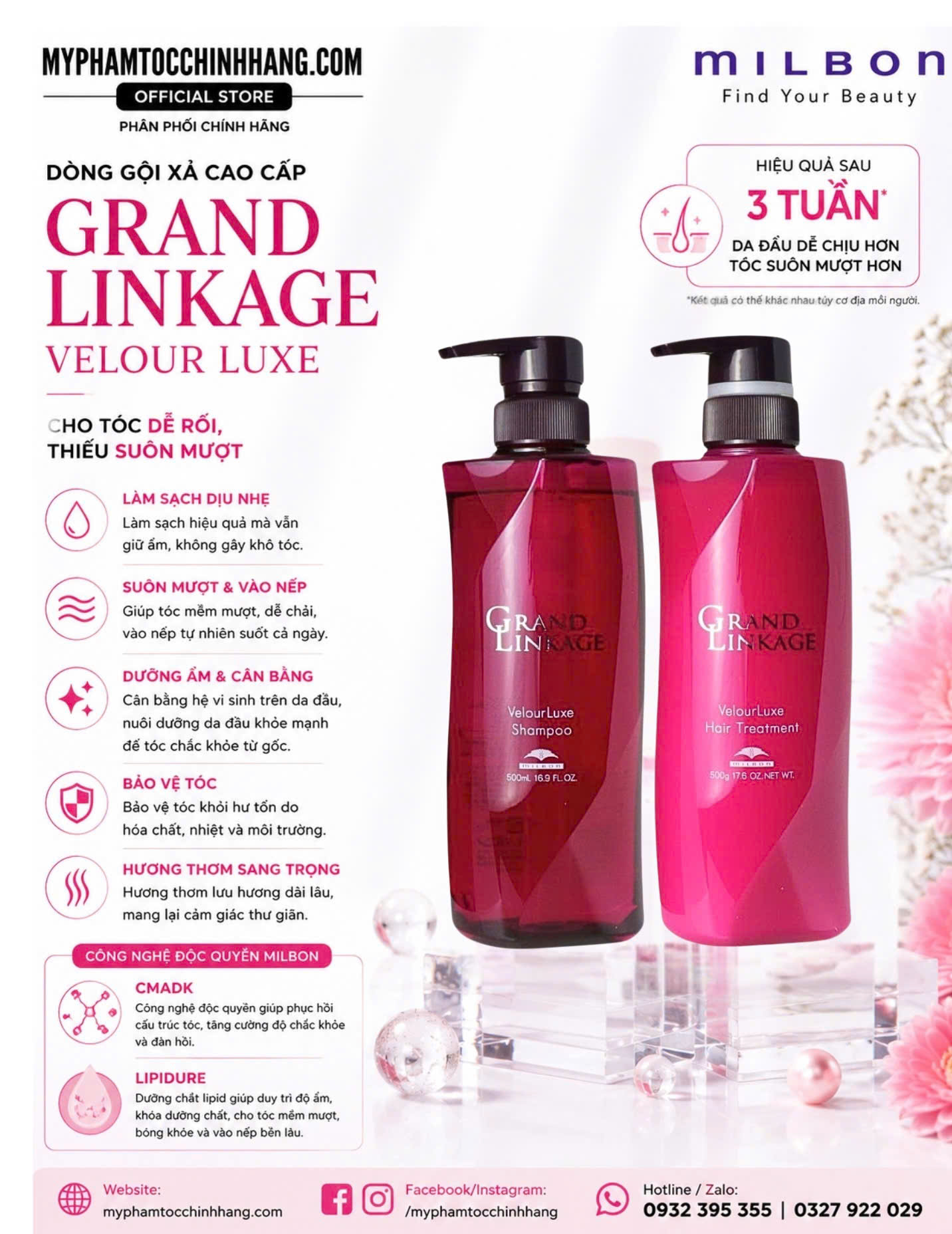 Dầu gội Milbon giữ màu mượt tóc Grand linkage S, W, V 500ml