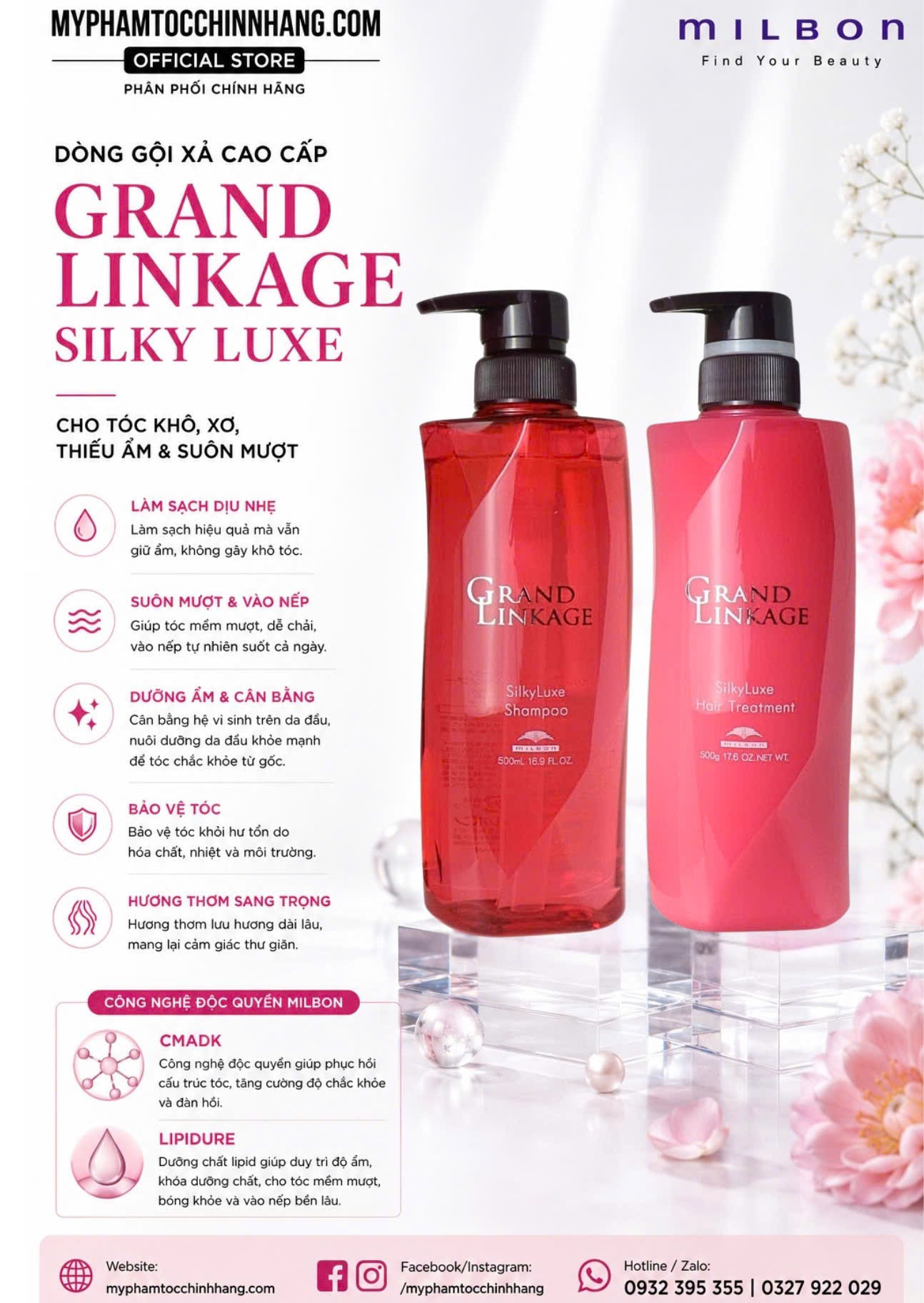 Dầu gội Milbon giữ màu mượt tóc Grand linkage S, W, V 500ml