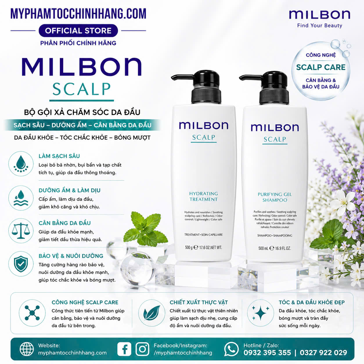 Gội Milbon Purifying gel và Xả Hydrating giải quyết 5 vấn đề về da đầu 200ml-500ml