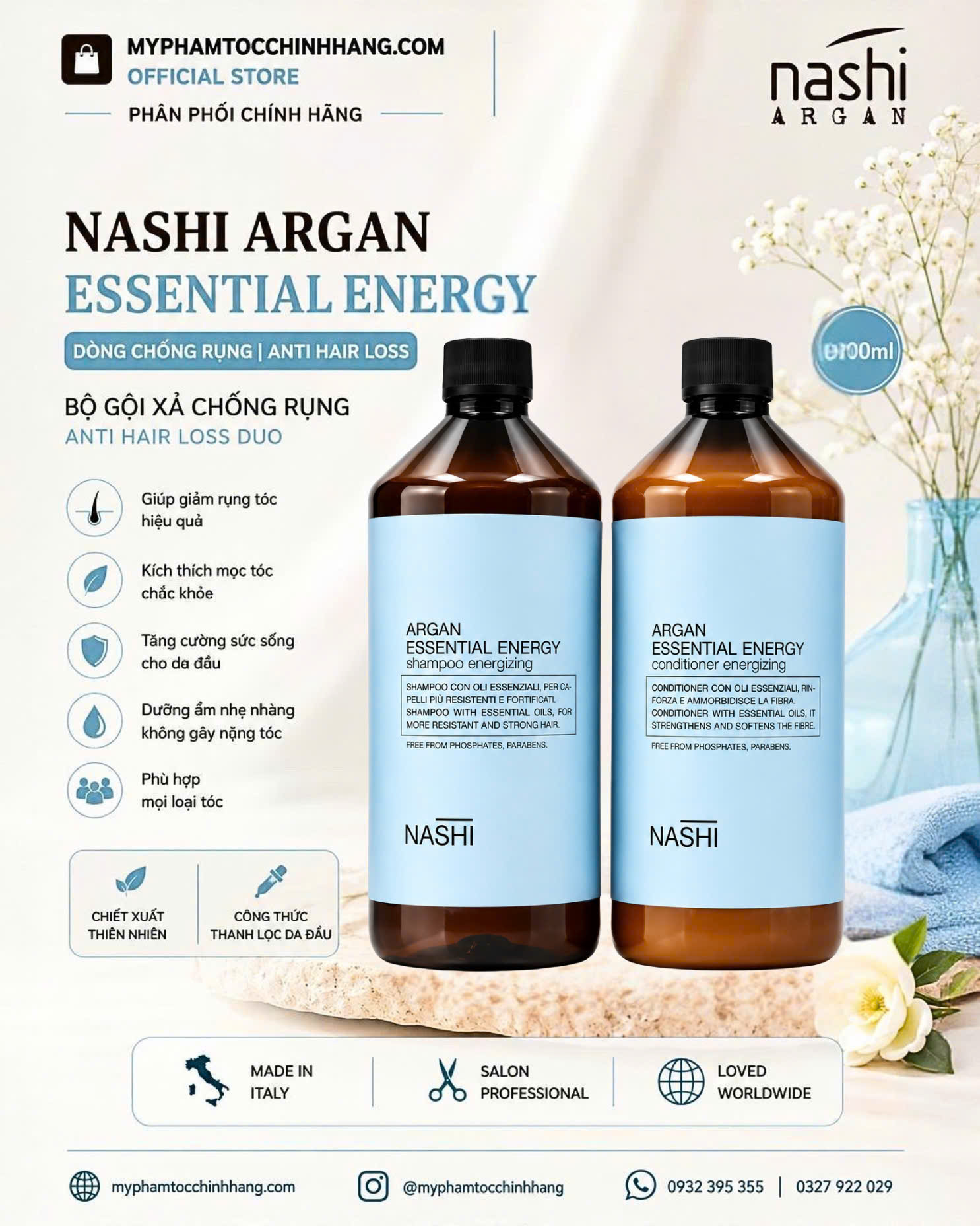 Bộ dầu gội – dầu xả chống rụng tóc Nashi Energy -Nashi Argan Energy Shampoo & Conditioner