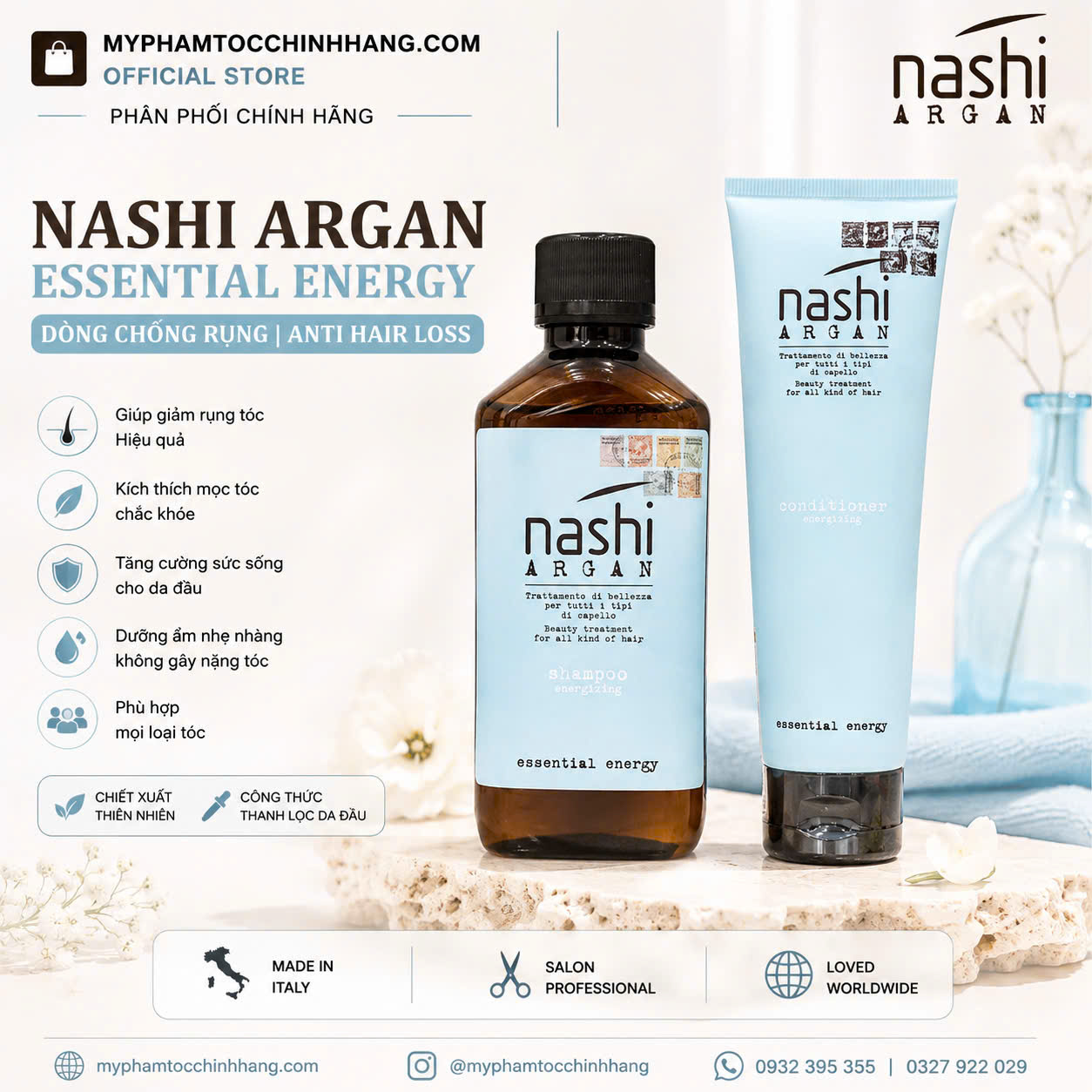 Bộ dầu gội – dầu xả chống rụng tóc Nashi Energy -Nashi Argan Energy Shampoo & Conditioner