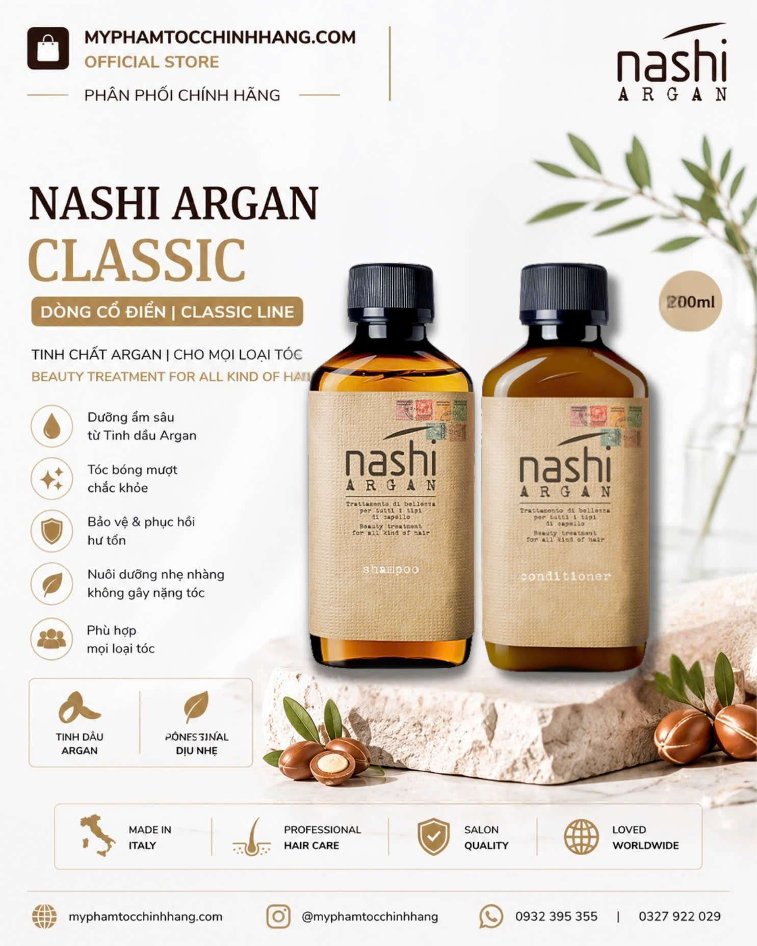 Bộ dầu gội – dầu xả dưỡng phục hồi tóc Nashi Argan Classic Shampoo & Conditioner 200ml/500ml/1000ml