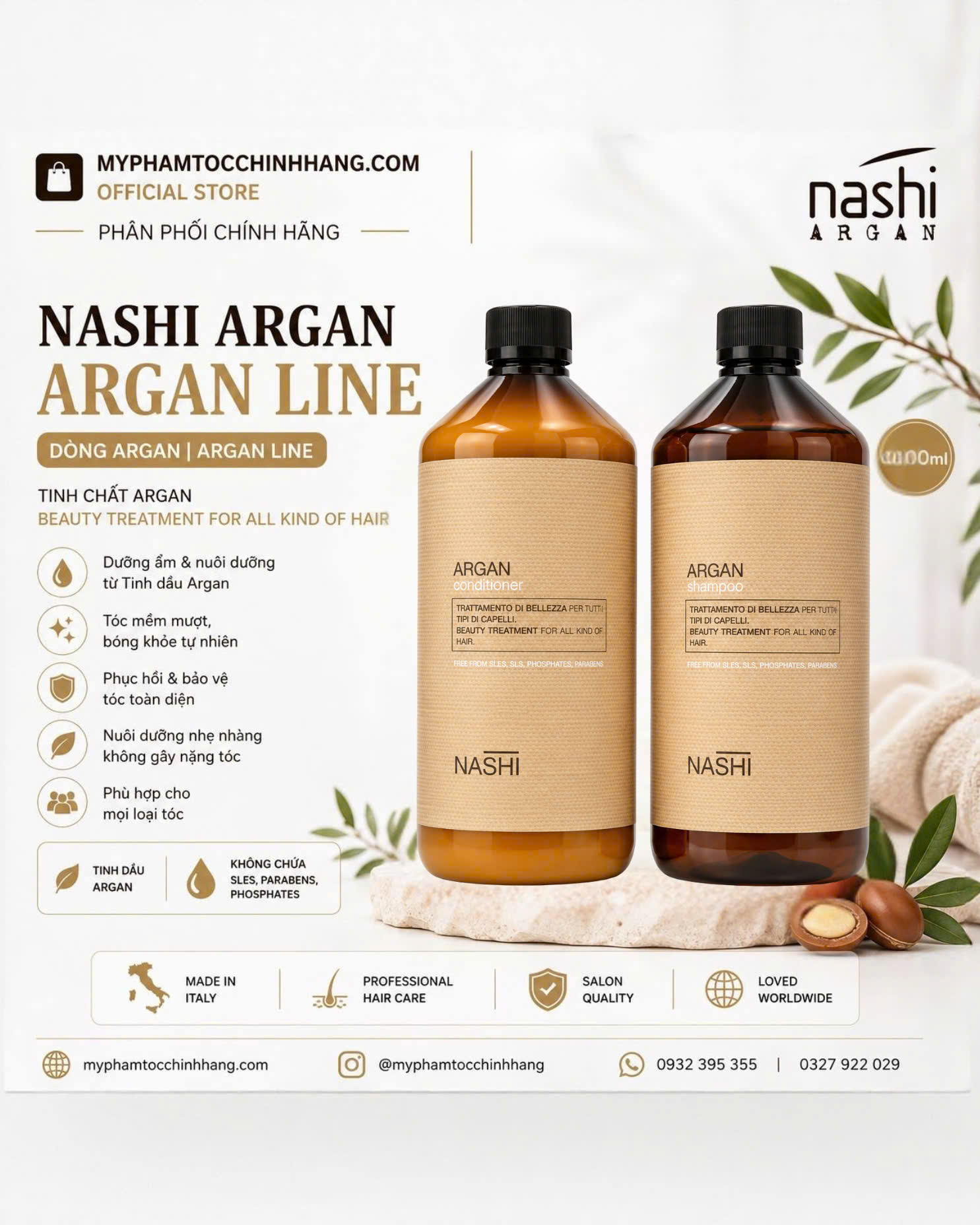Bộ dầu gội – dầu xả dưỡng phục hồi tóc Nashi Argan Classic Shampoo & Conditioner 200ml/500ml/1000ml