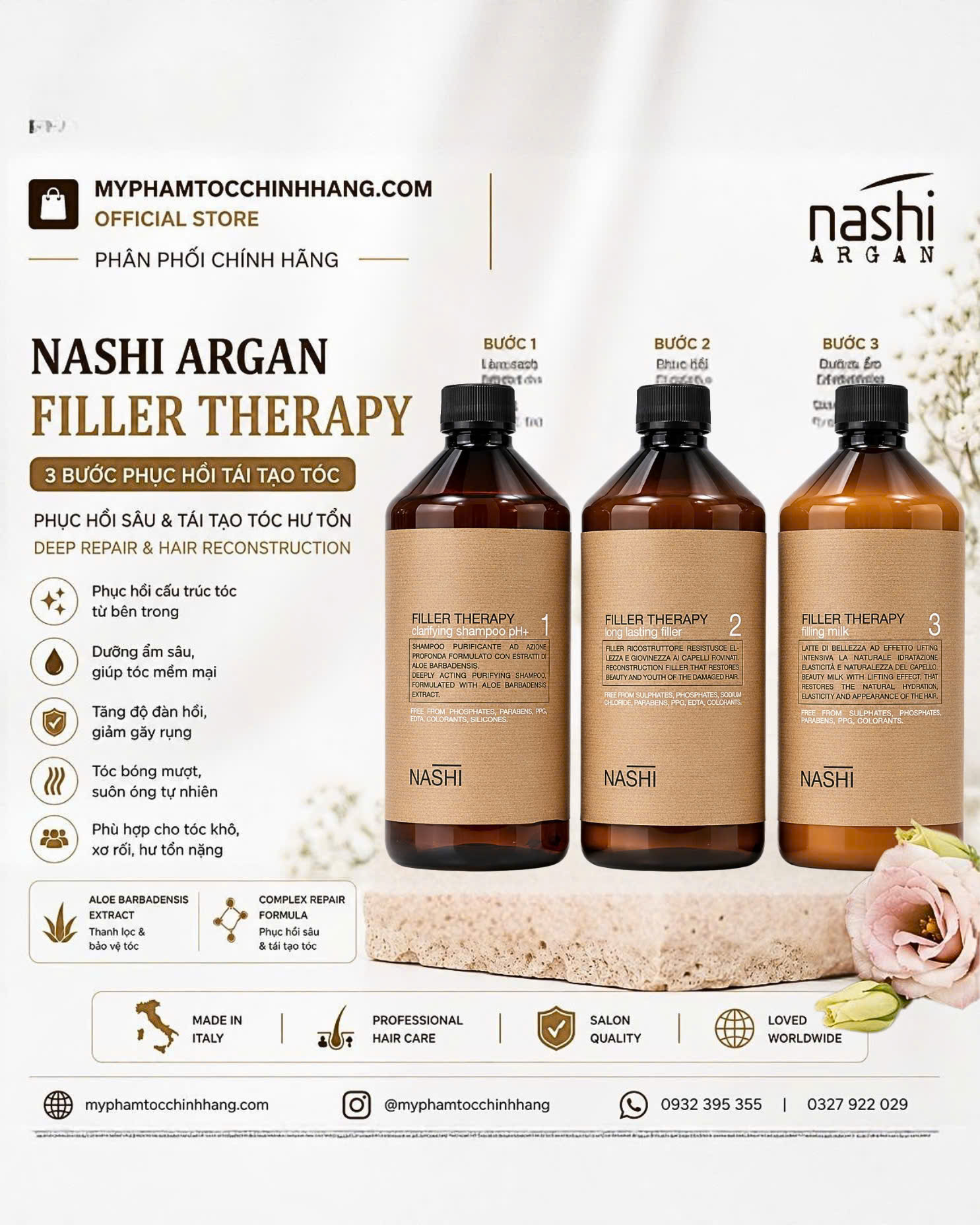 Bộ phục hồi cấu trúc tóc Nashi Filler Therapy 3 bước chuyên sâu Nashi Filler Therapy Step 1 – 2 – 3 1000ml
