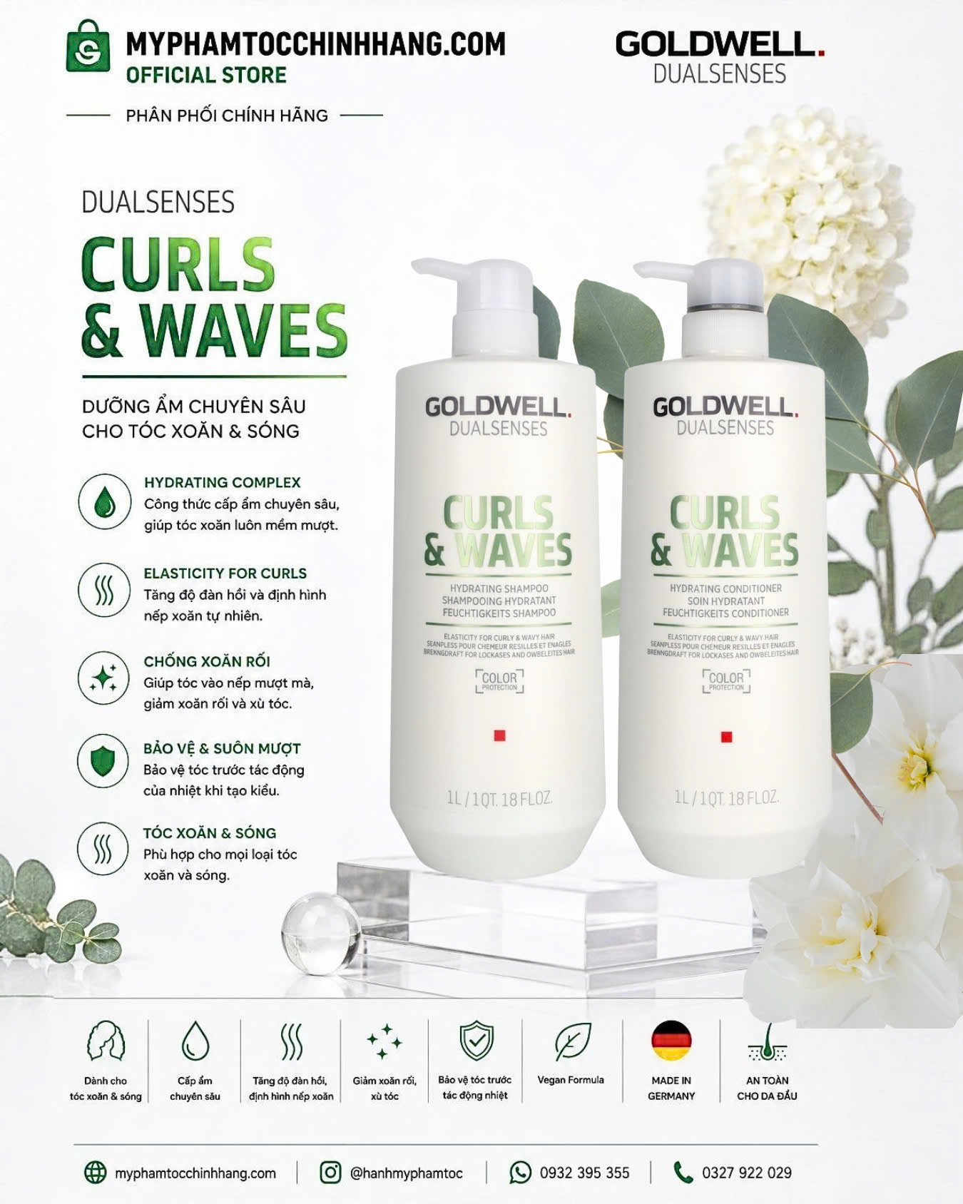 Dầu gội và dầu xả dưỡng tóc xoăn Goldwell Dualsenses Curls & Waves Hydrating Shampoo & Conditioner