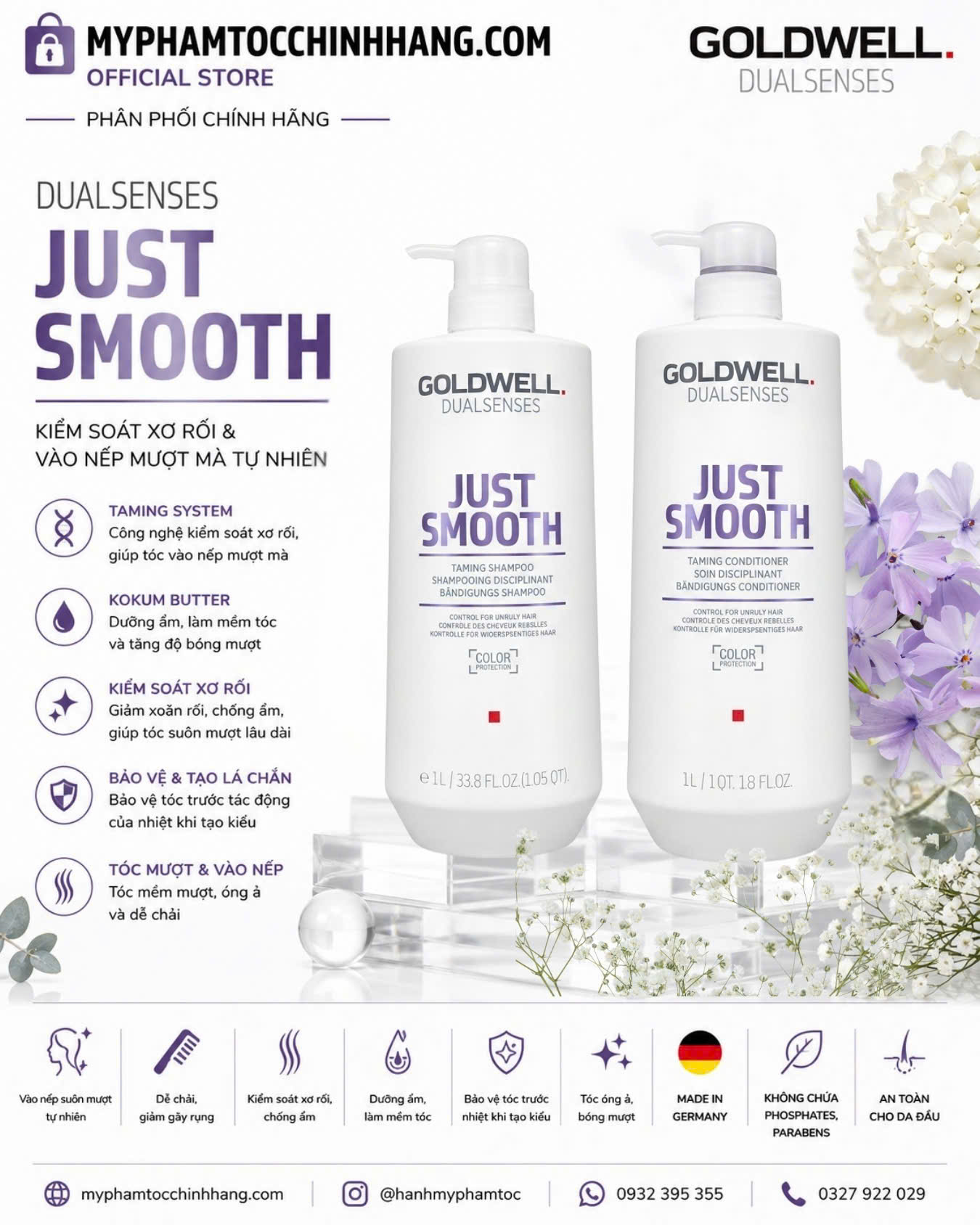 Dầu gội & xả Goldwell làm mượt tóc Dualsenses Just Smooth taming Shampoo & Conditioner
