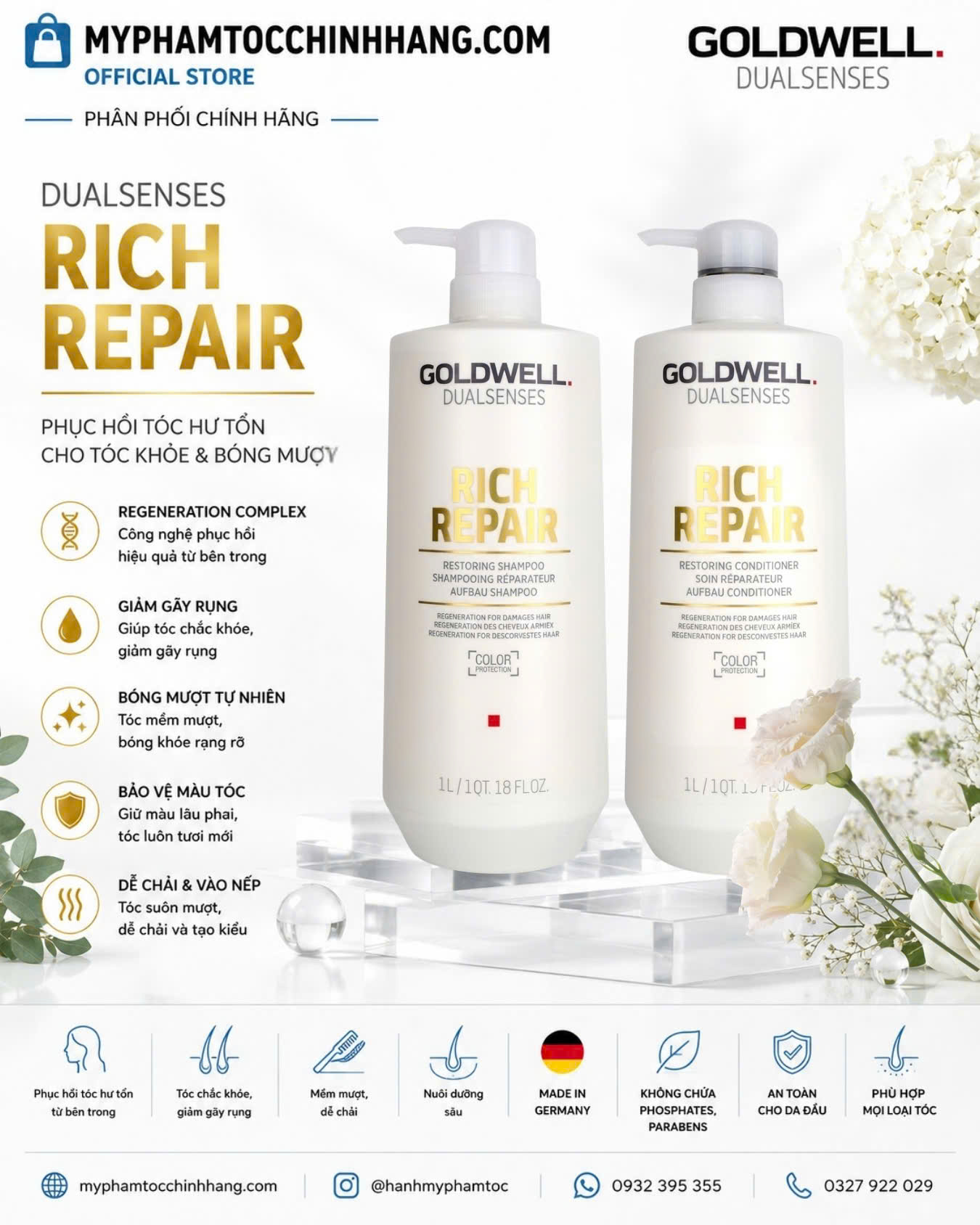 Dầu gội & xả, hấp, dưỡng phục hồi tóc hư tổn Goldwell Dualsenses Rich Repair Restoring