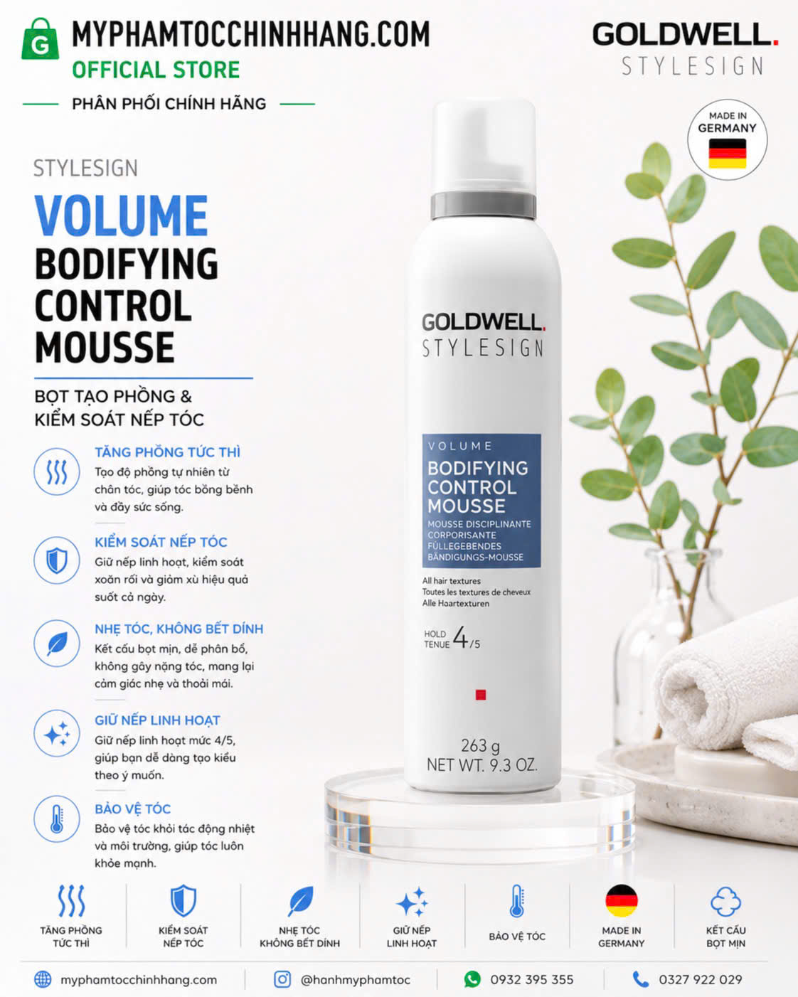 Bọt tạo kiểu tăng phồng Goldwell StyleSign Volume Bodifying Control Mousse 300ml