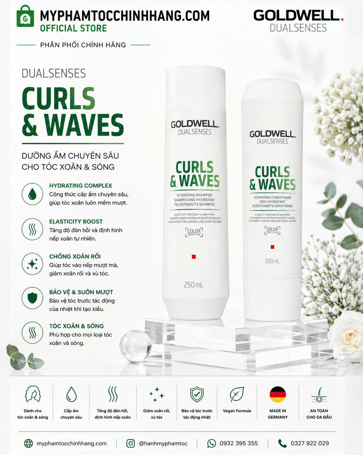 Dầu gội và dầu xả dưỡng tóc xoăn Goldwell Dualsenses Curls & Waves Hydrating Shampoo & Conditioner