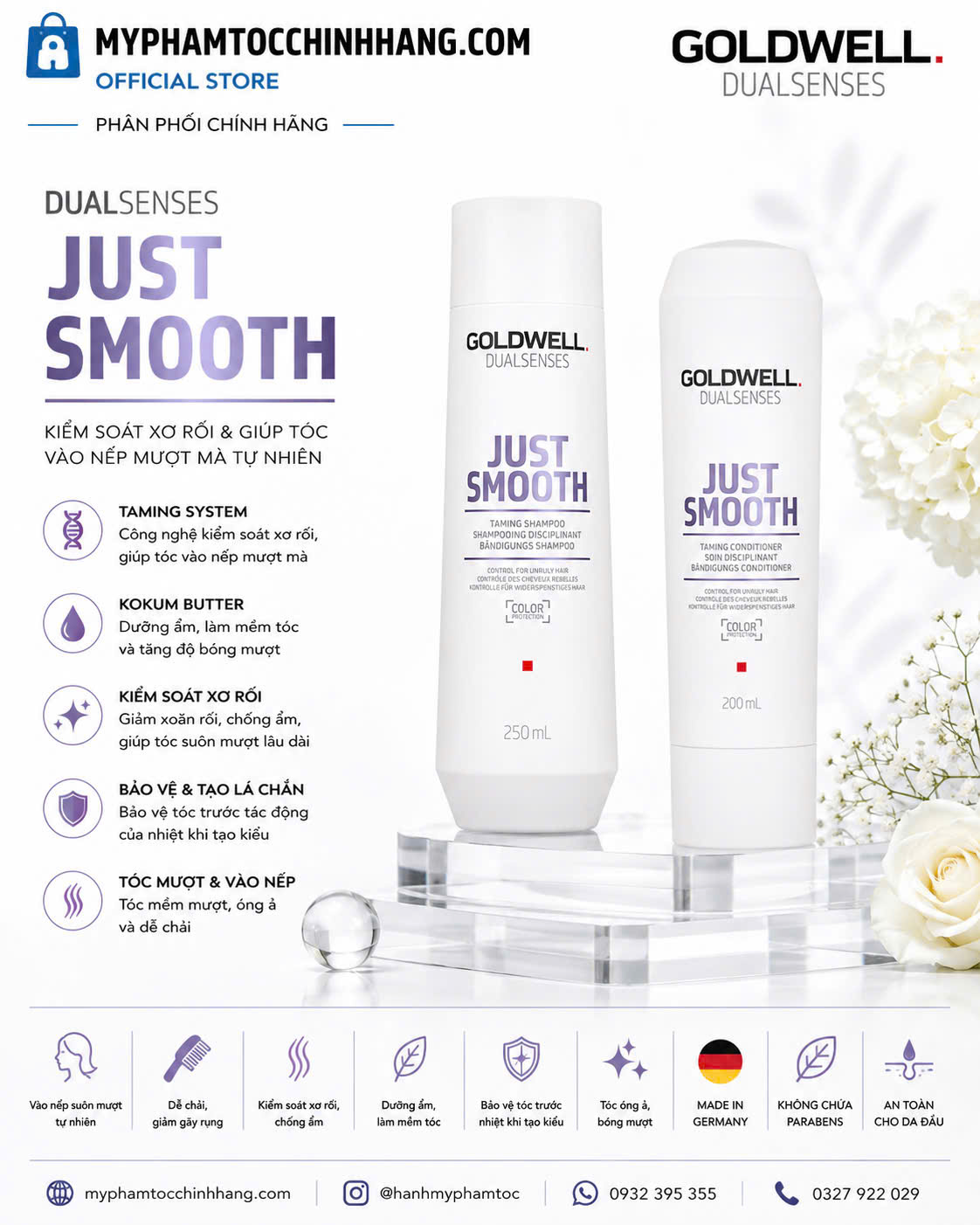 Dầu gội & xả Goldwell làm mượt tóc Dualsenses Just Smooth taming Shampoo & Conditioner