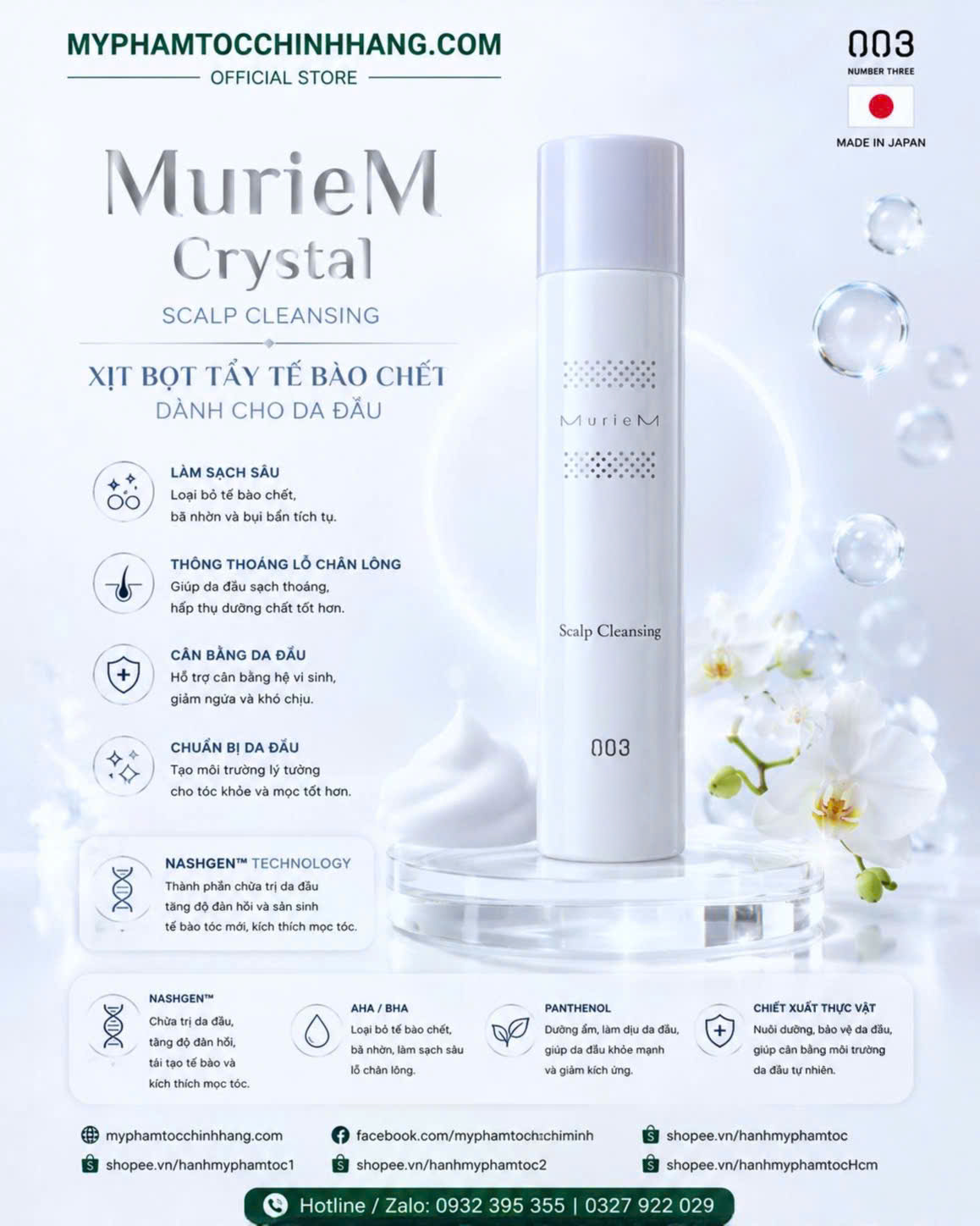 Xịt bọt tẩy tế bào chết da đầu 003 Number Three Muriem Crystal Scalp Cleansing Foam 250g