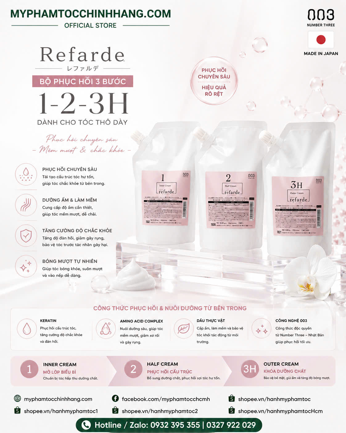 Bộ phục hồi tóc 3 bước Refarde 003 Number Three 500ml+300ml+500ml