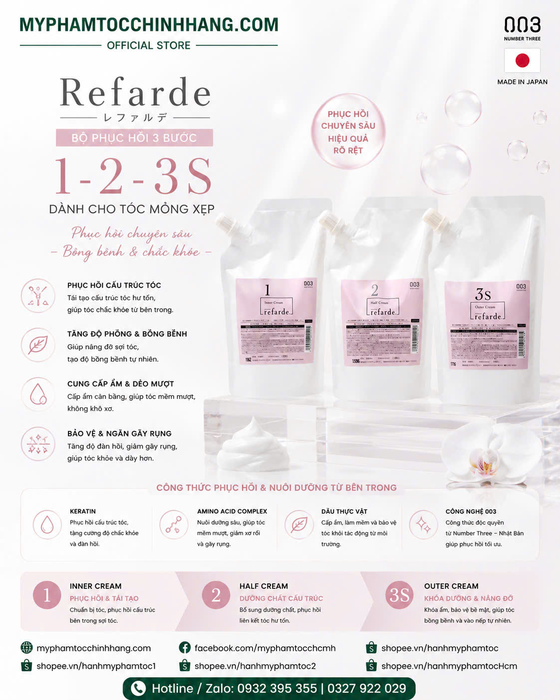 Bộ phục hồi tóc 3 bước Refarde 003 Number Three 500ml+300ml+500ml