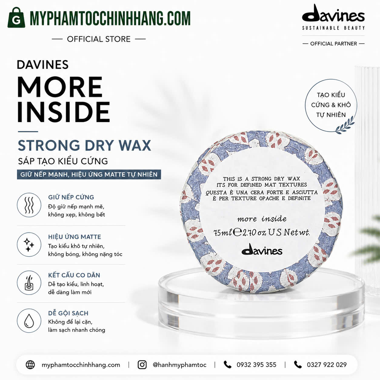 Sáp khô giữ nếp siêu cứng Davines More Inside This Is A Strong Dry Wax 75g