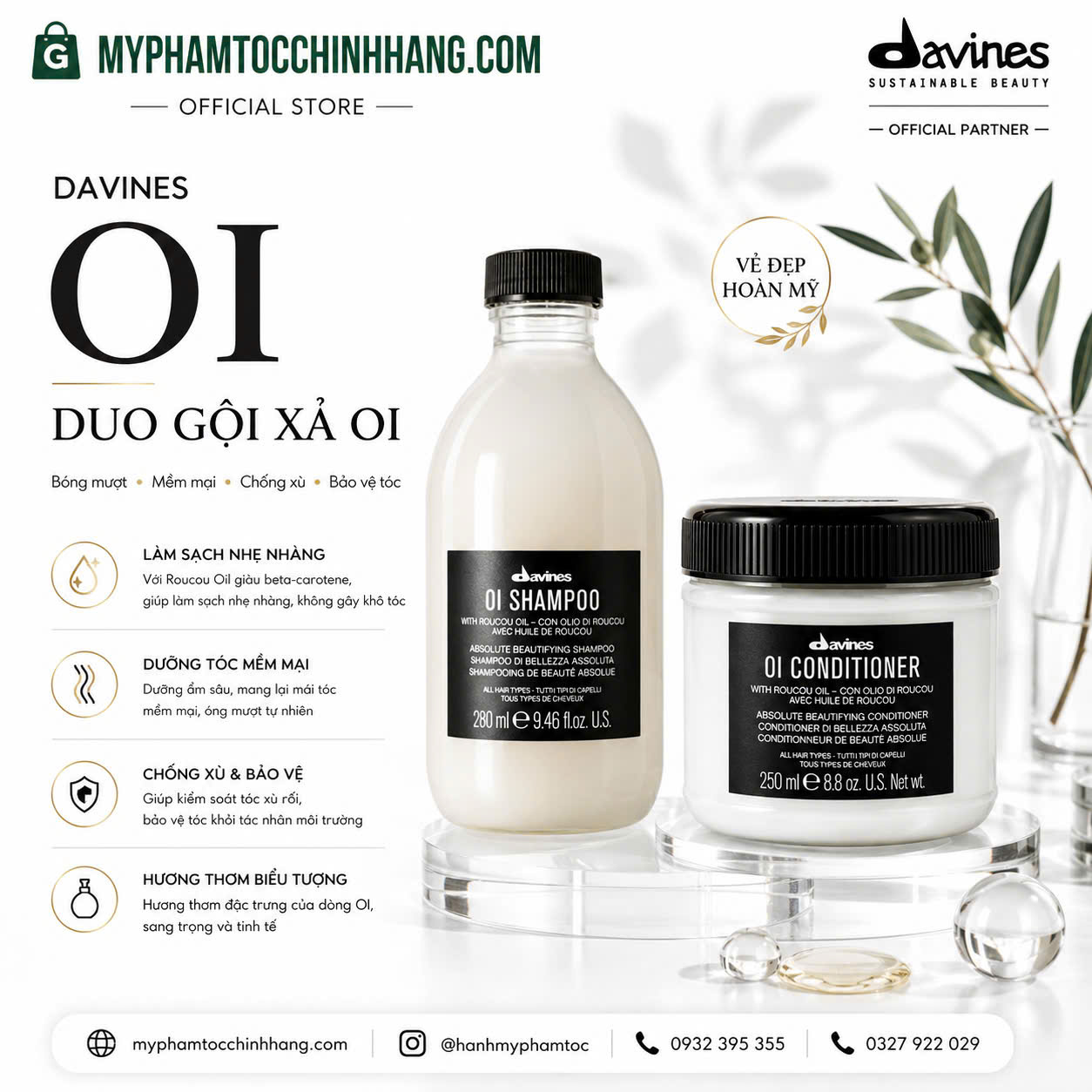 DẦU GỘI XẢ DAVINES OI ABSOLUTE DƯỠNG ẨM SUÔN MƯỢT 280ML - 250ML - 1000ML