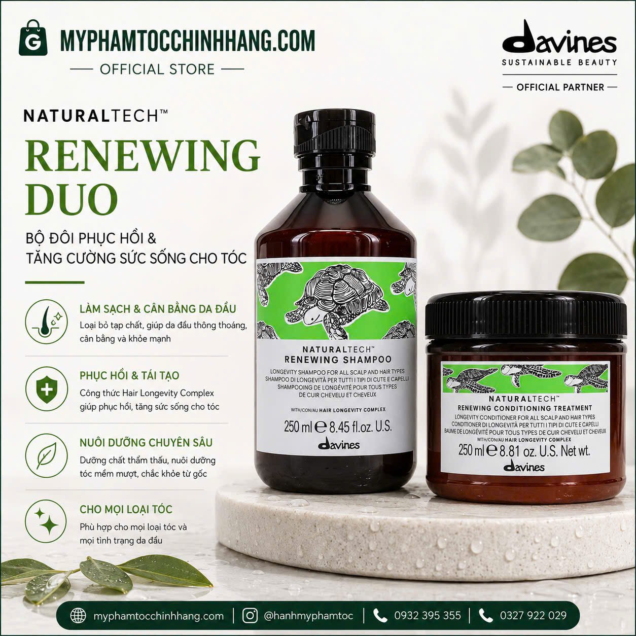 Dầu gội & Dầu xả Davines trường thọ Naturaltech Renewing Shampoo & Renewing Conditioning Treatment