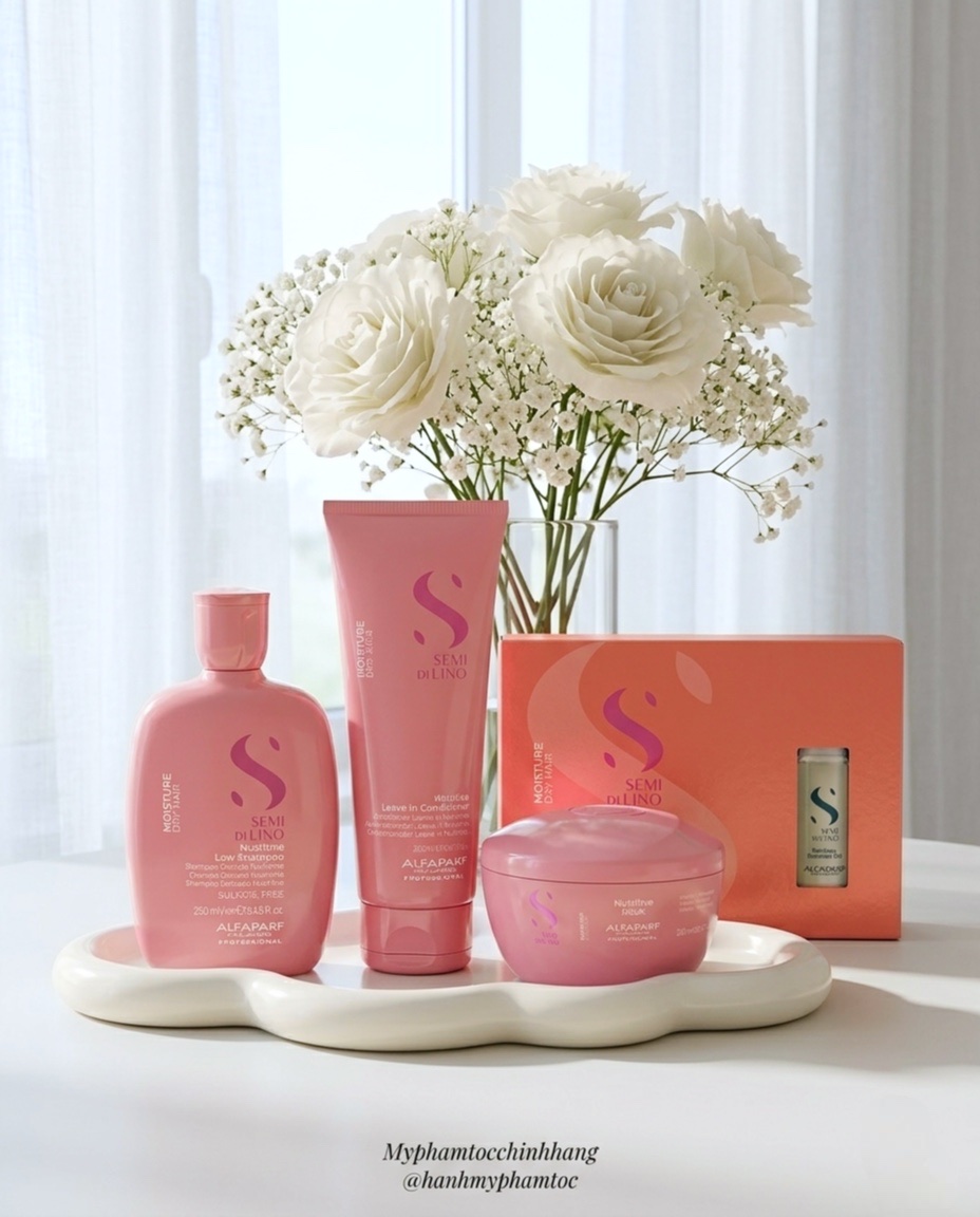 Dầu gội, mặt nạ tóc, kem xả khô giữ ẩm Alfaparf Milano SDL Moisture (Semi Di Lino Moisture Nutritive Low Shampoo, Mask & Leave-in Conditioner)