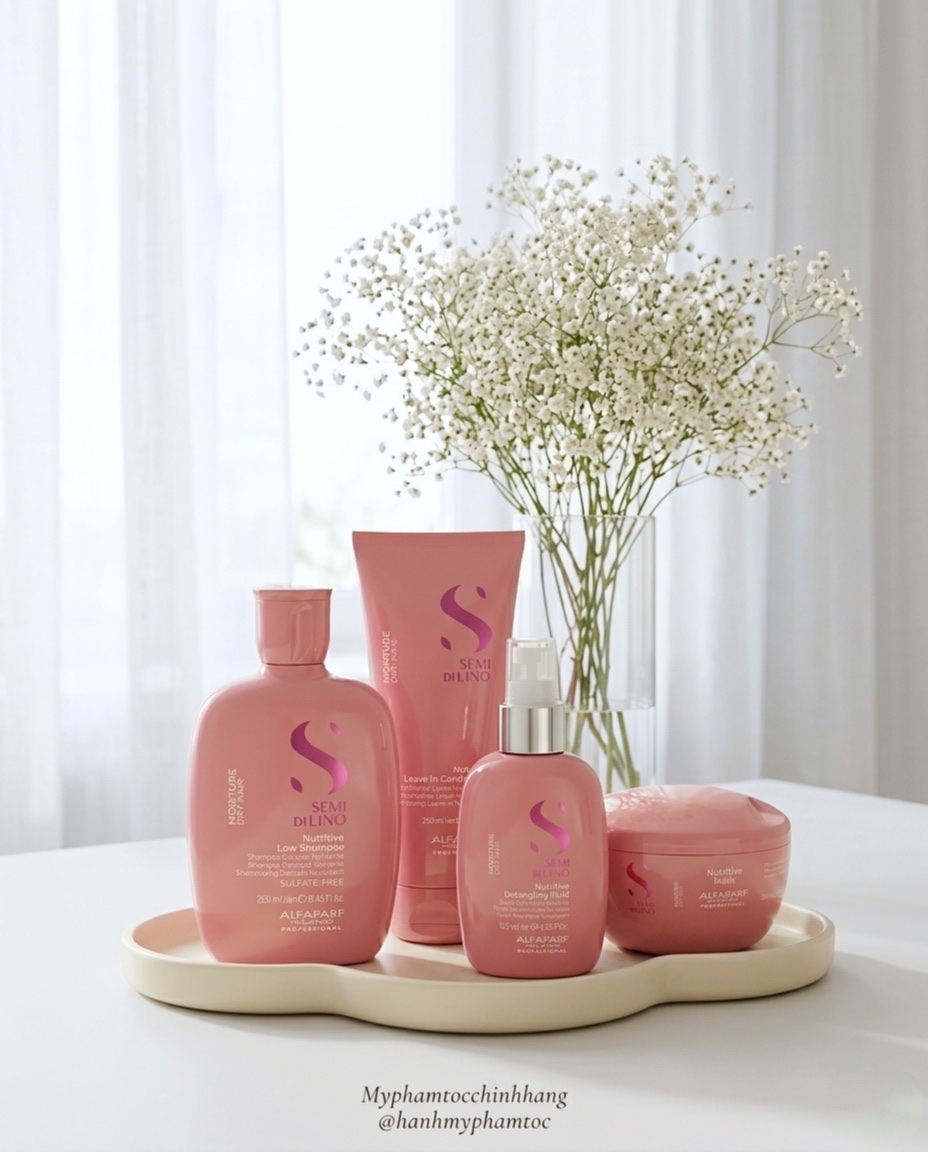 Dầu gội, mặt nạ tóc, kem xả khô giữ ẩm Alfaparf Milano SDL Moisture (Semi Di Lino Moisture Nutritive Low Shampoo, Mask & Leave-in Conditioner)
