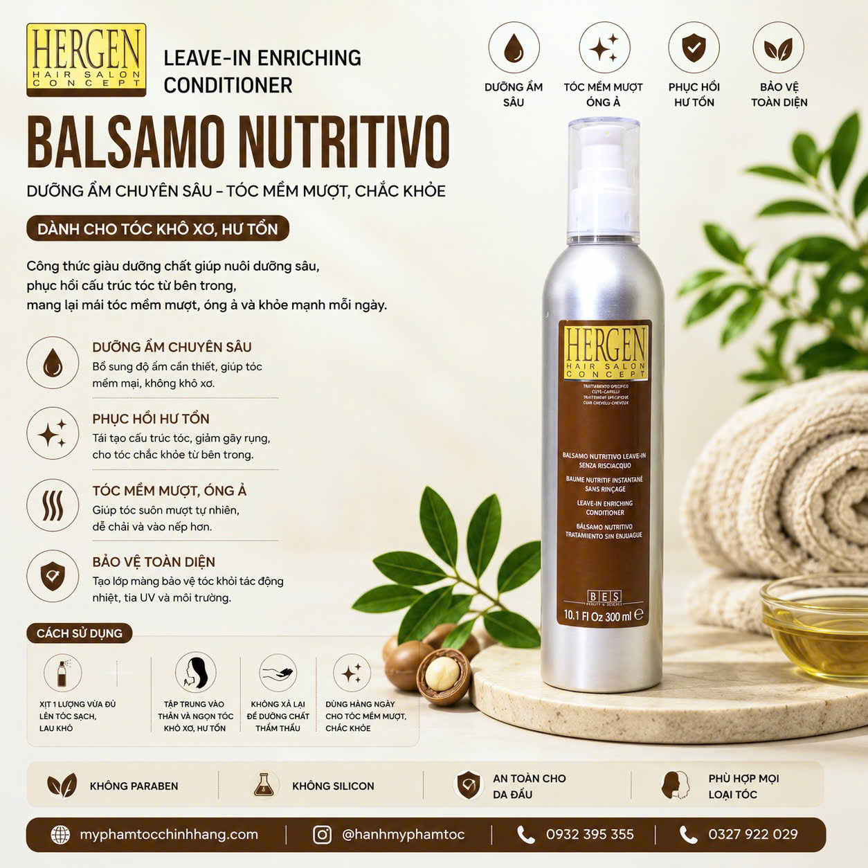 MỠ XẢ KHÔ ( Nâu)  BES HERGEN LEAVE-IN ENRICHING 300ml - 1500ML