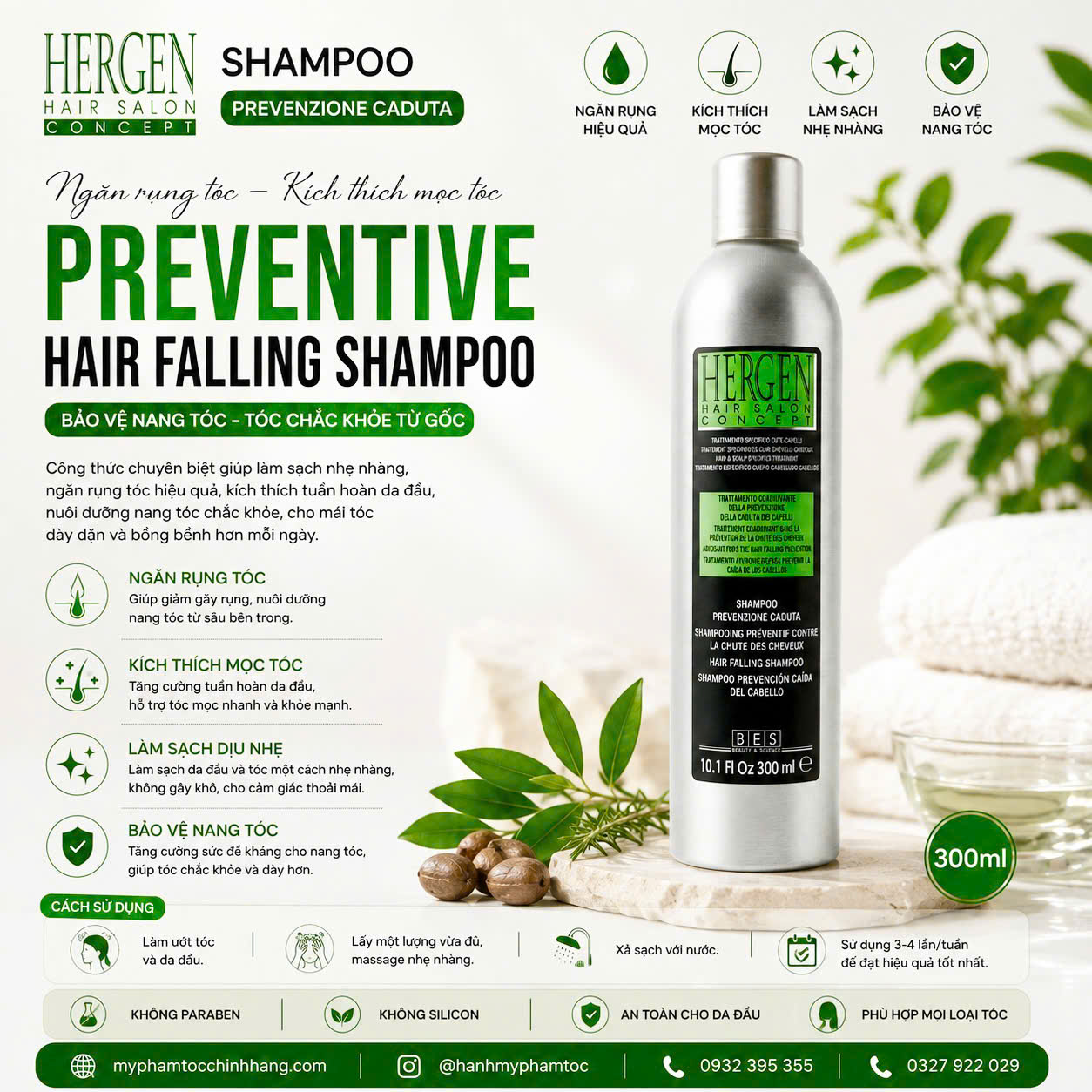 COMBO DẦU GỘI & HUYẾT THANH CHỐNG RỤNG KÍCH THÍCH MỌC TÓC BES HERGEN HAIR LOSS 12 ống